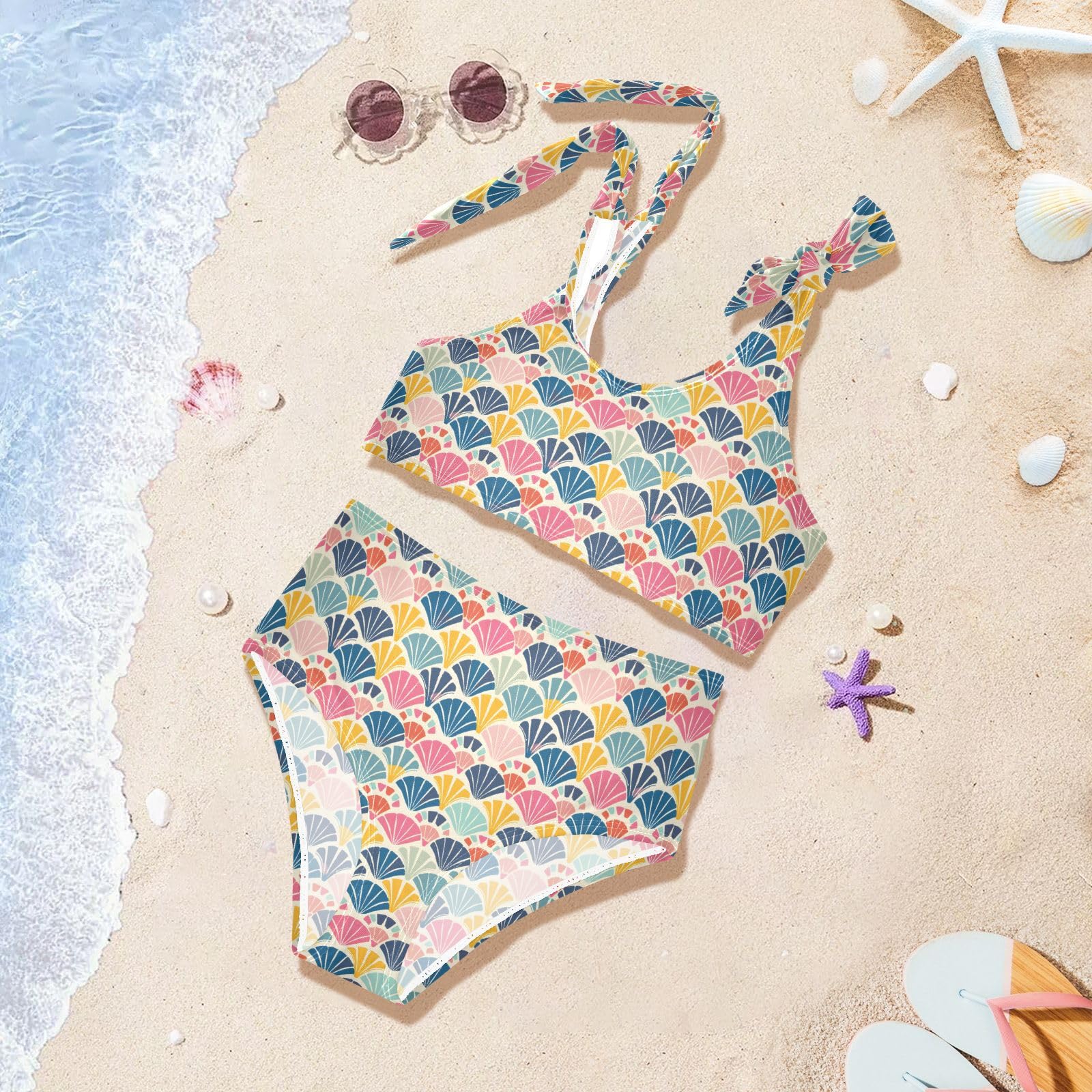 Shell Pattern Girls 2-Piece Tankini Swimsuit, Girls Bikini Swimsuits Summer Beach Bathing Suit Set, 4T Multicoloured