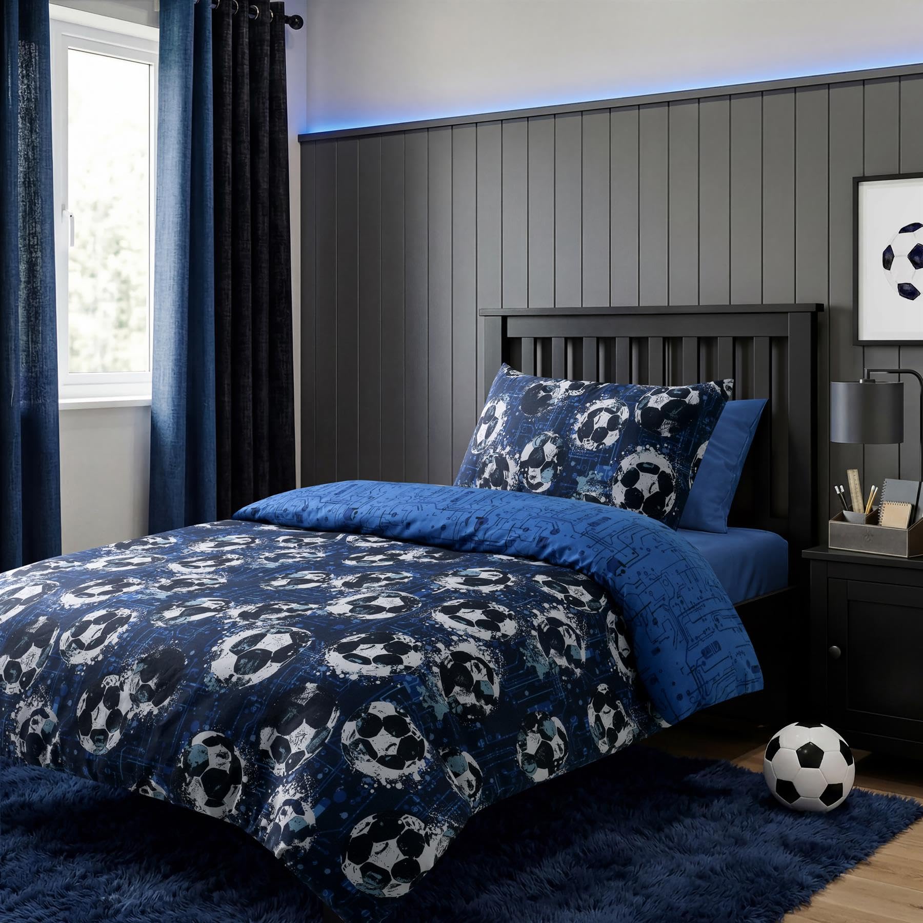 Adore Home Double Duvet Cover Set - Reversible Blue Football Kids Bedding with Pillowcases - Microfibre Football Duvet Cover Set