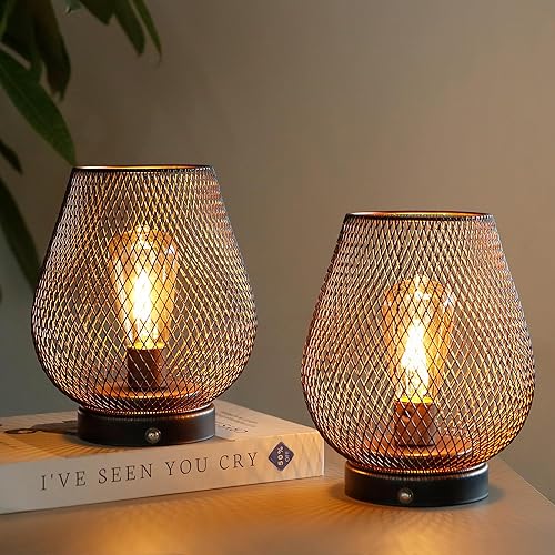 JHY DESIGN Lámpara decorativa de jaula de metal de 8.7 pulgadas de alto, funciona con pilas, luz blanca cálida inalámbrica con bombilla LED estilo