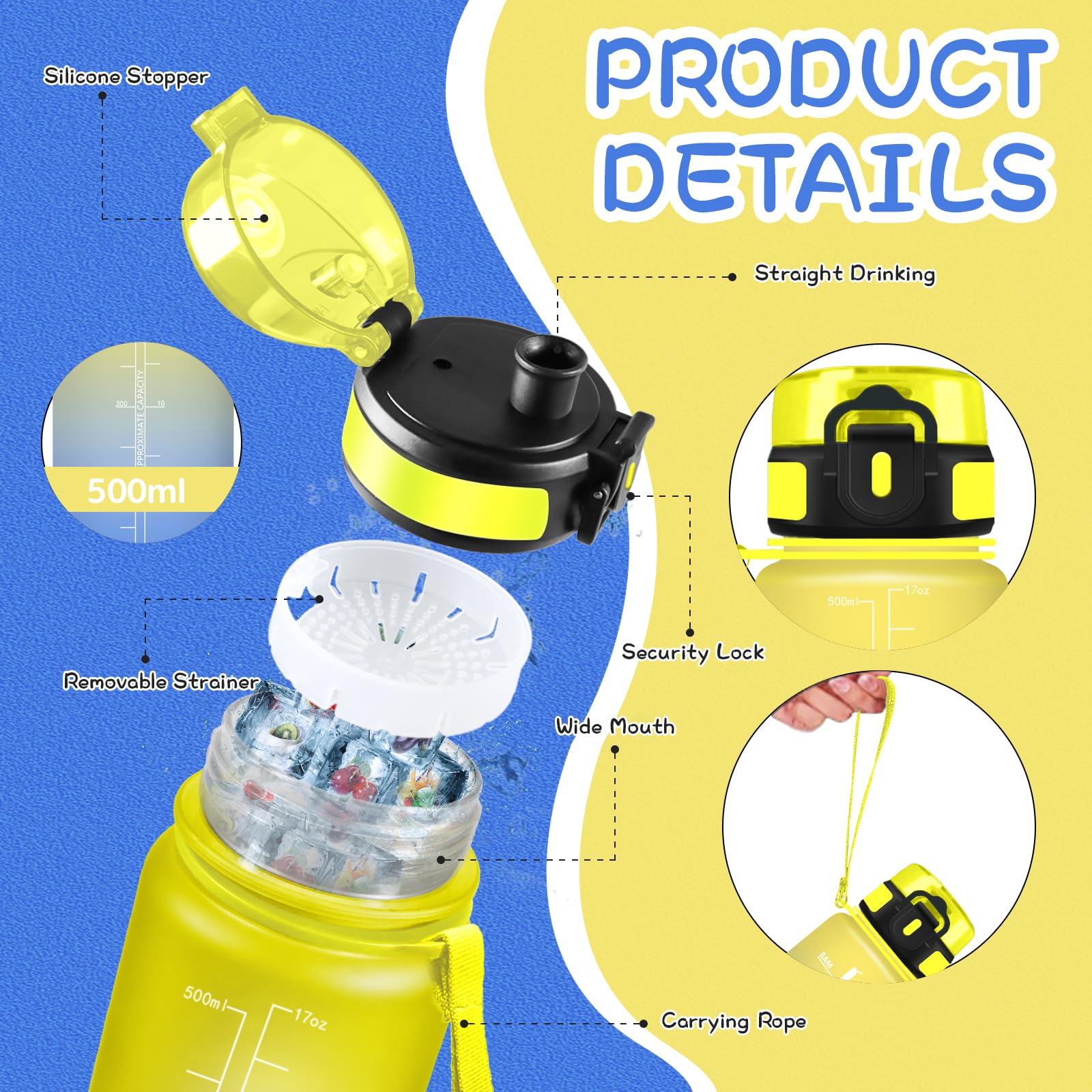 Trinkflasche Kinder- 0.5l- Wasserflasche, Trinkflasche mit Zeitmarkierung, Auslaufsicher, Wasserflasche mit Filter, Leicht zu Reinigen, Water Bottle für Schule, Schwimmen, Büro, Running - 5