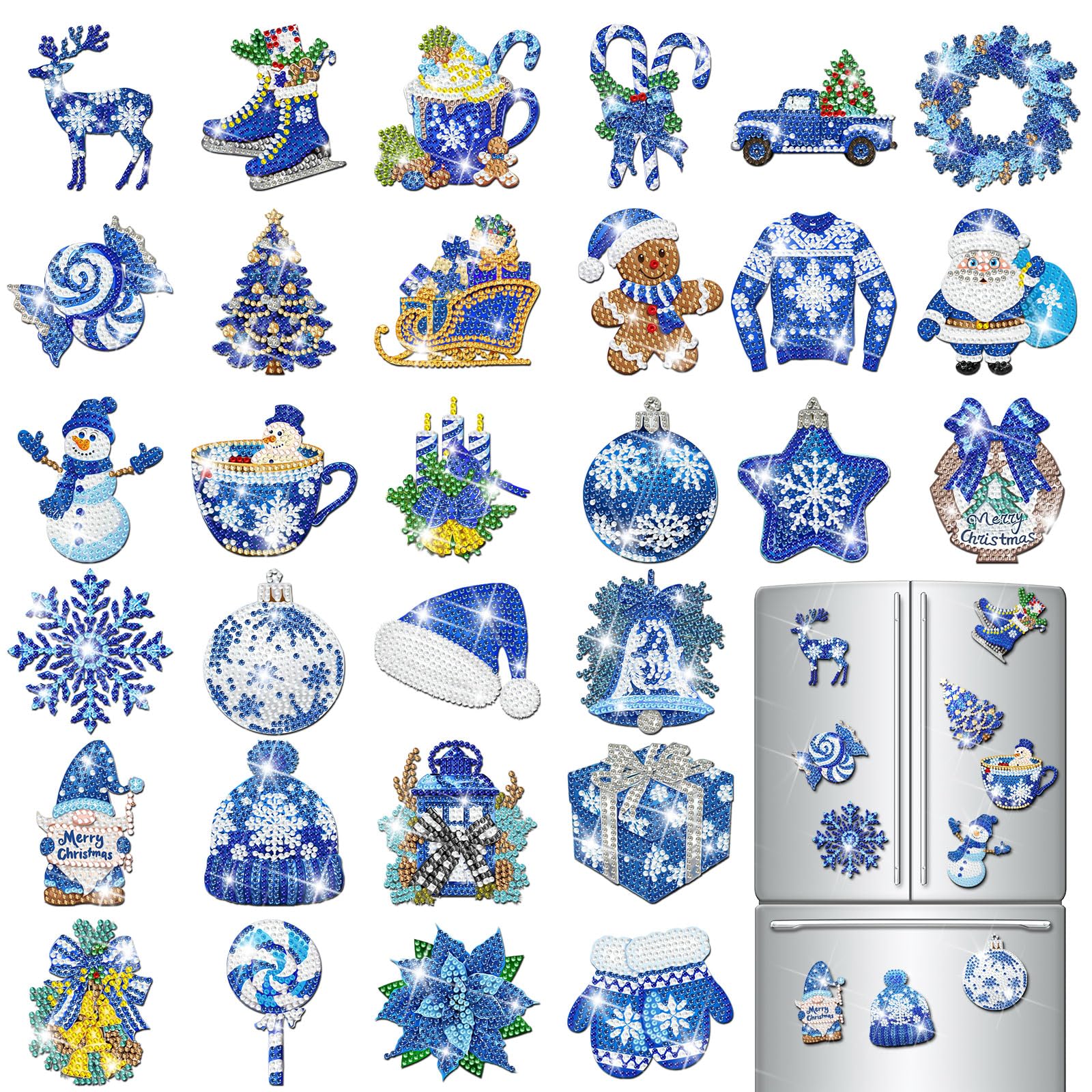 Copkim 30 Pcs Christmas Diamond Painting Magnets for Refrigerator Winter Snowflake Diamond Art Painting Magnets Kits Blue Fridge Diamond Art Stickers for Xmas Winter DIY Home Decor