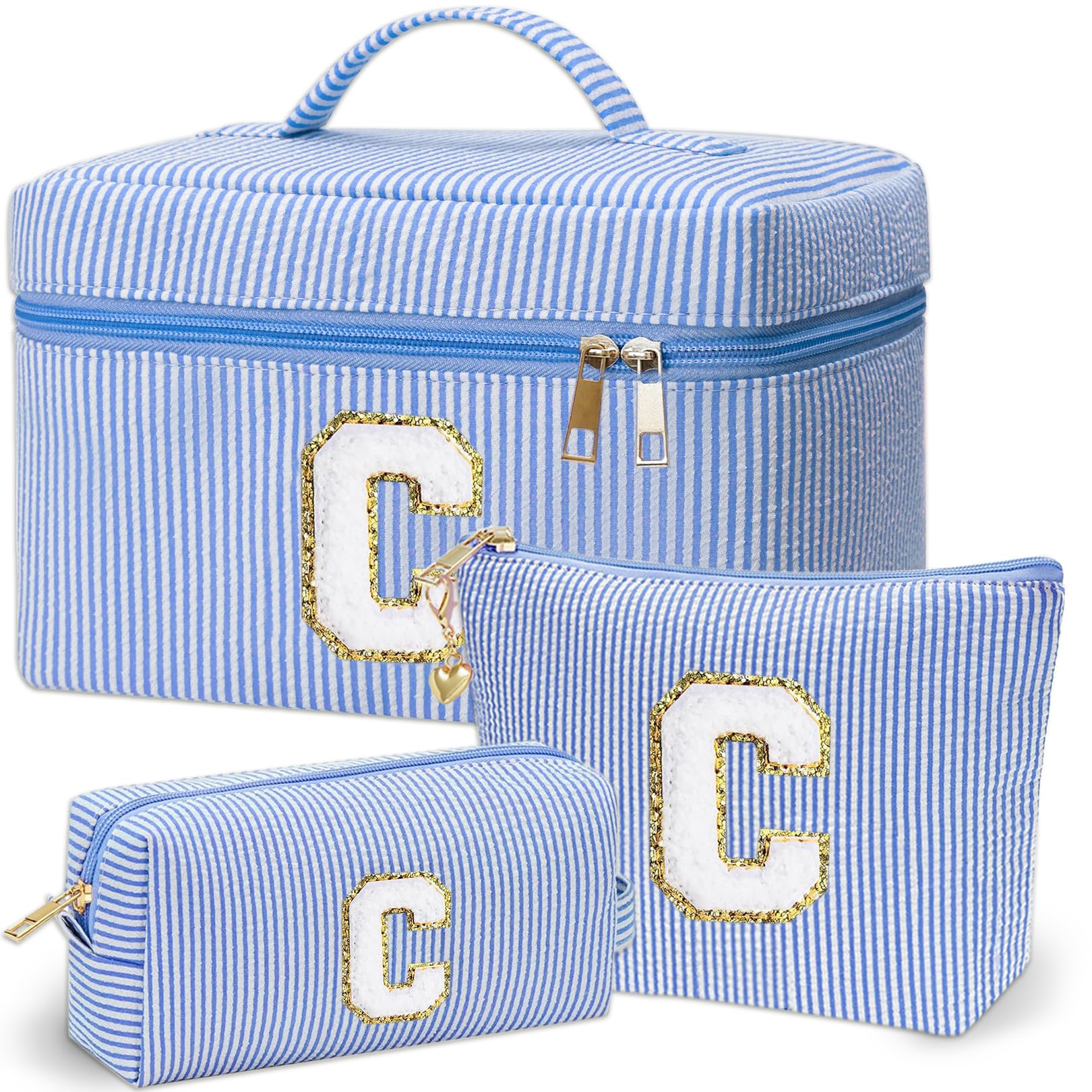 Personalized Monogram Makeup Bag, 3PCS Custom Monogrammed Toiletry Cosmetic Bag for 6-18 Teen Girls Women,Birthday Graduation Gifts Initial Pouch