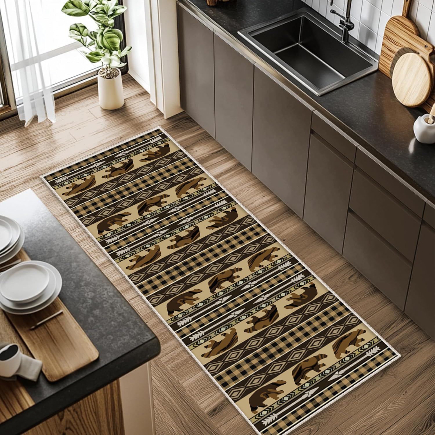 Southwestern Runner Rug, 1.3x7ft Western Bear Arrow Plaid Pattern Runner Carpets, Durable Non-Slip Mat Tribal Rustic Decorative Rug, Living Room Washable Rugs for Hallway Entryway Home Office