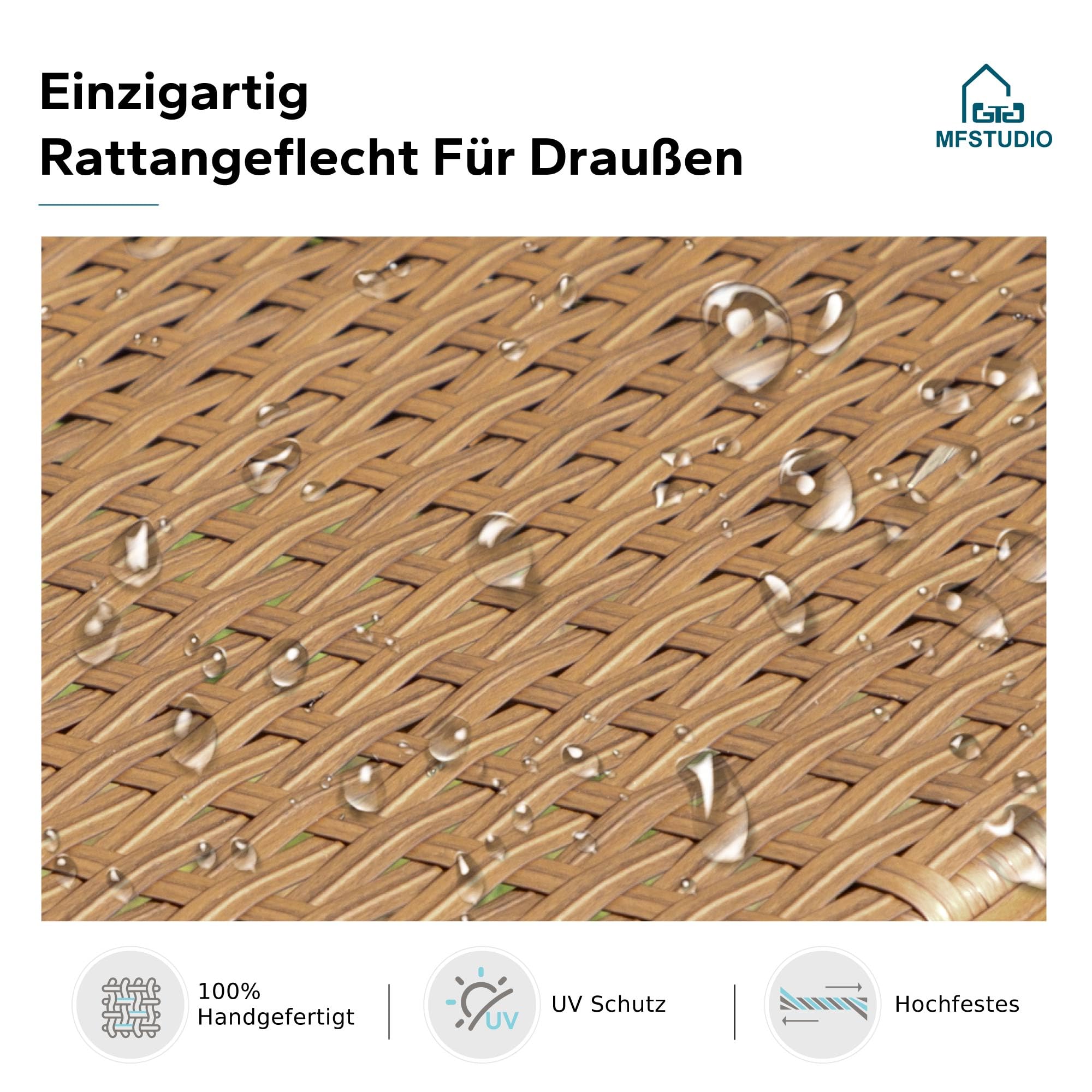 MFSTUDIO Polyrattan Gartenmöbel Set Balkonmöbel Outdoor Sitzgruppe Set Terrassenmöbel Lounge Gartenmöbel Set Tischplatte aus Massivem Akazienholz Braun Rattan Beige Kissen