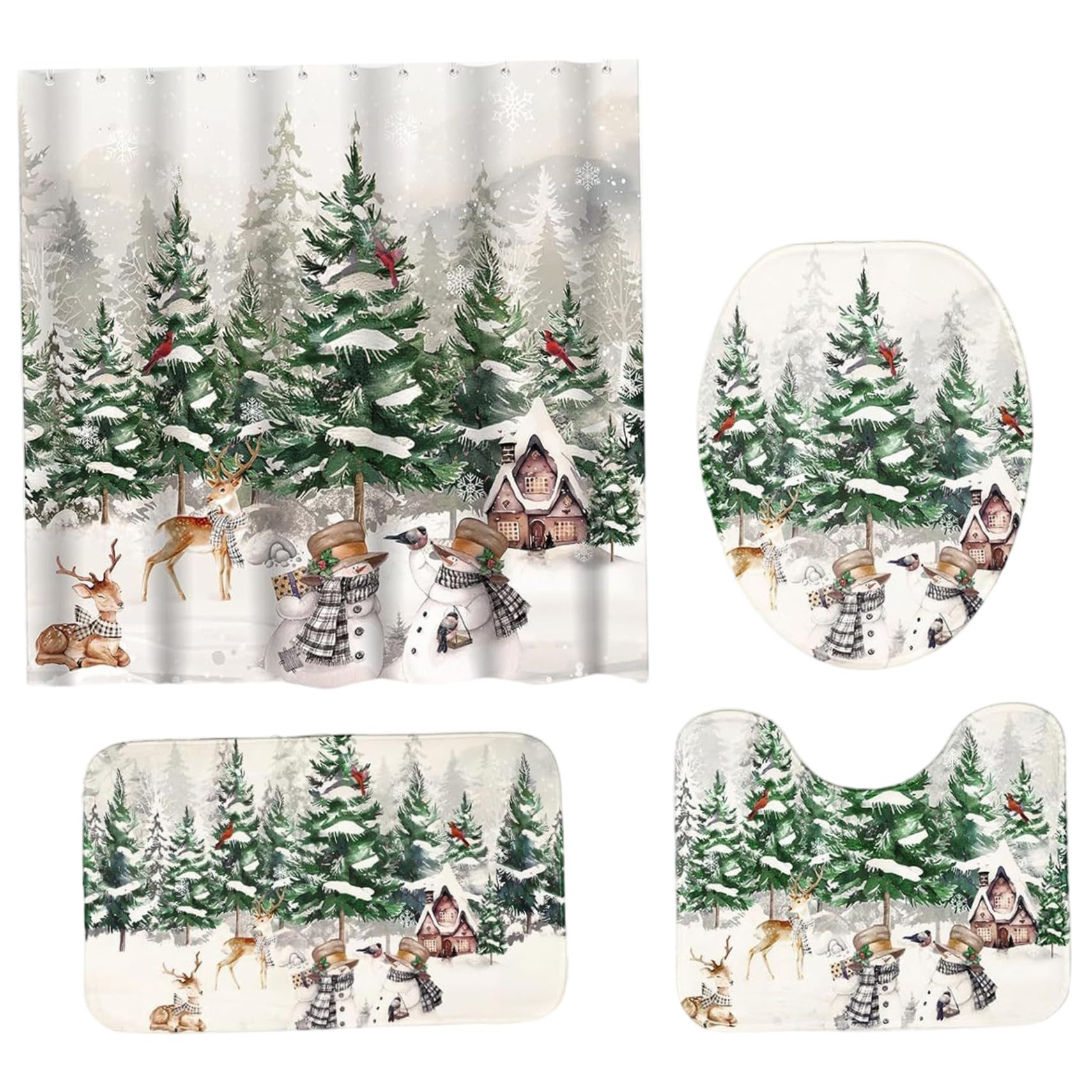 Rideau de douche Noël 4 pièces avec tapis de bain et couvre-toilette sapin