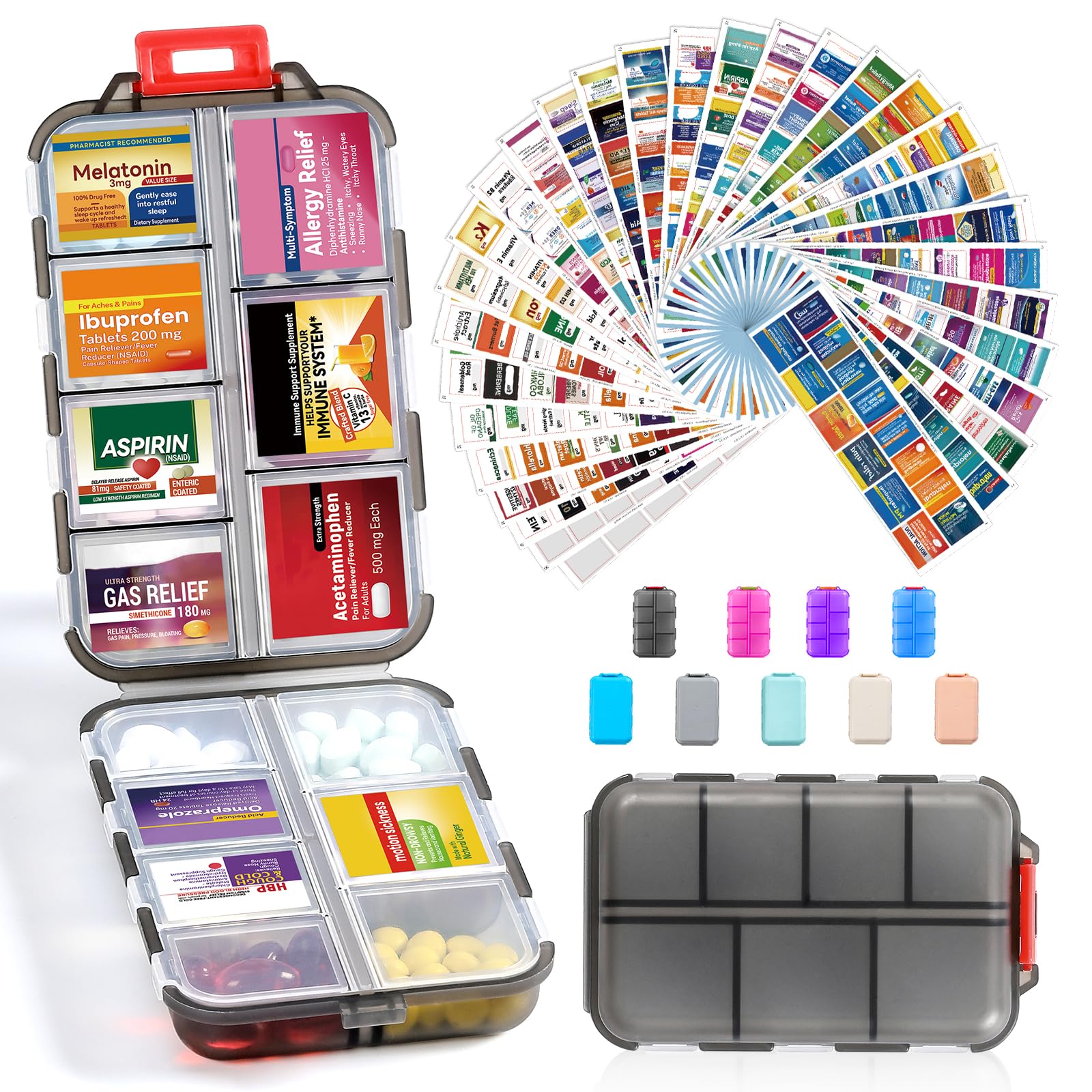 14 Grids Travel Pill Organizer Box with 415-Pcs Medicine Name Labels - Pocket Daily Pharmacy Case Container Kit - Travel Medication Holder Dispenser for Fish Oil Vitamin Supplement Storage -Clear Grey