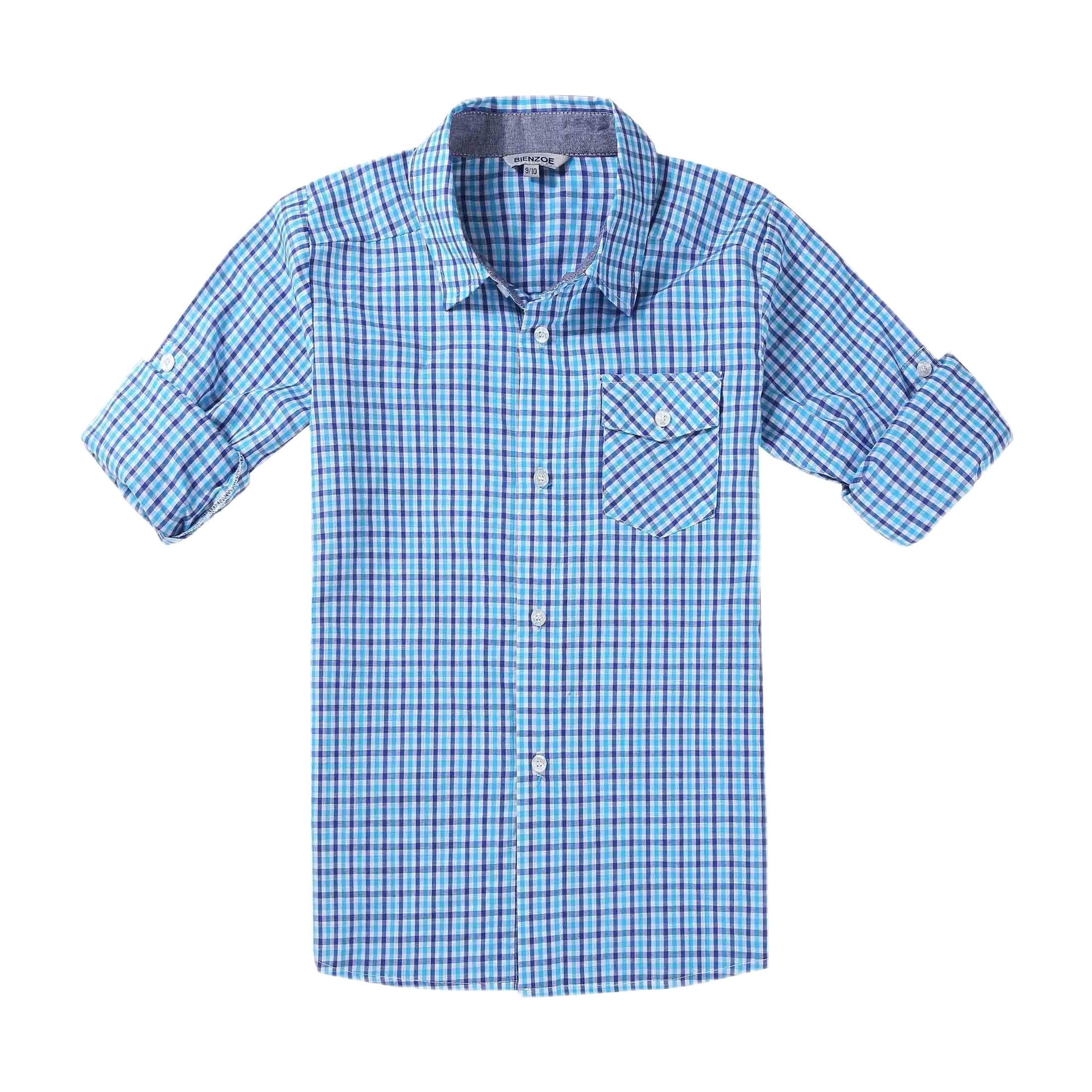 Bienzoe Niños Abotonada Camisa: Niños Cuadros Enrollar Cuello Casual Algodón Camisa