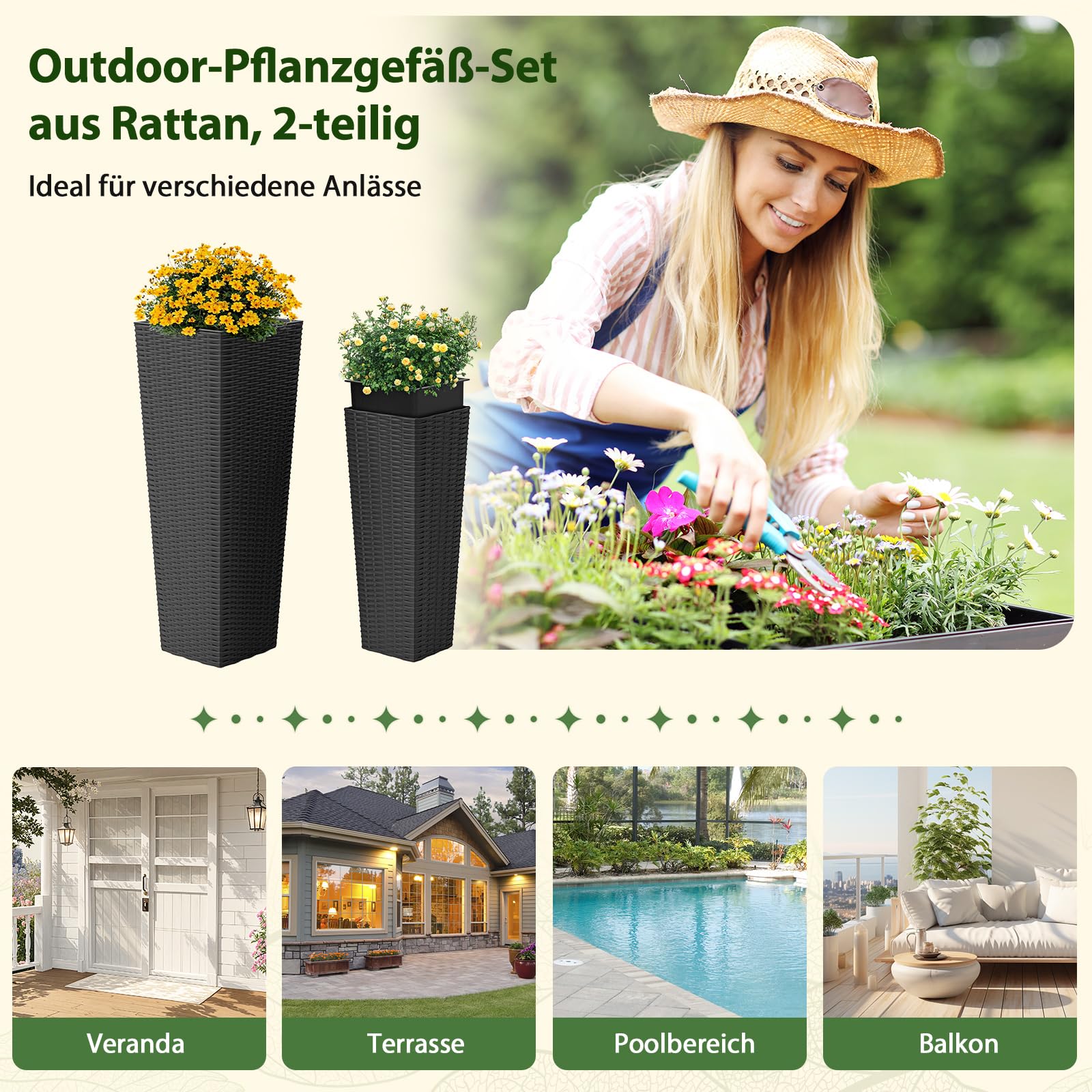 RELAX4LIFE 2er Set Pflanzkübel, 82 cm / 60 cm hoch, Rattan Blumentopf wetterfest, Pflanzentopf mit Entwässerungslöchern, Übertopf für Garten, Balkon und Veranda (Schwarz)