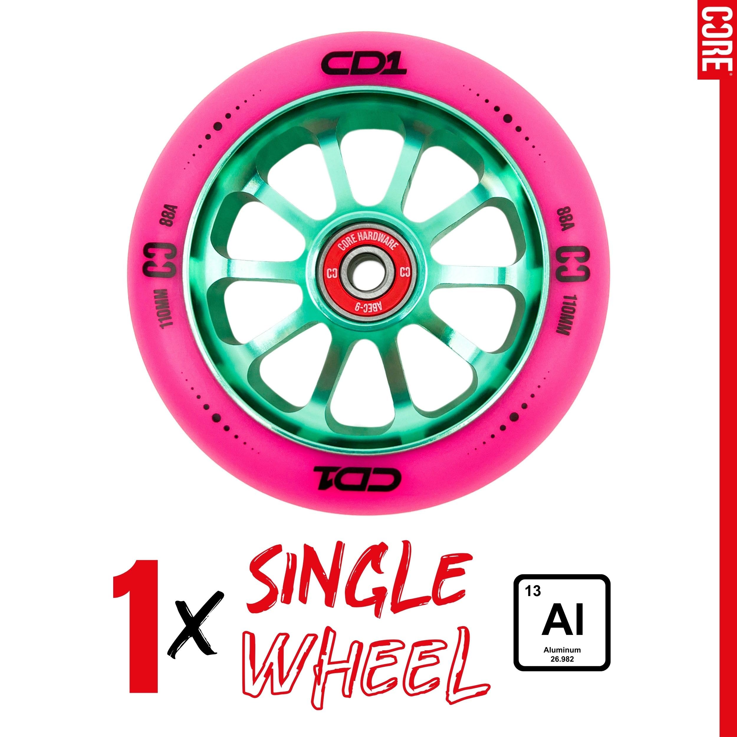 CORE CD1 - Rueda de patinete con radios ABEC 9 de 110 mm (ruedas de repuesto para patinete profesional), color rosa y verde azulado