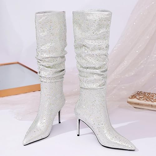 Vista 6 de Zamikoo Slouchy High Heel Boots for Women, Knee High Stiletto Heel Boots, Pointed Toe Slouch Stretch Tall Boots Pull On 3.5 Inches