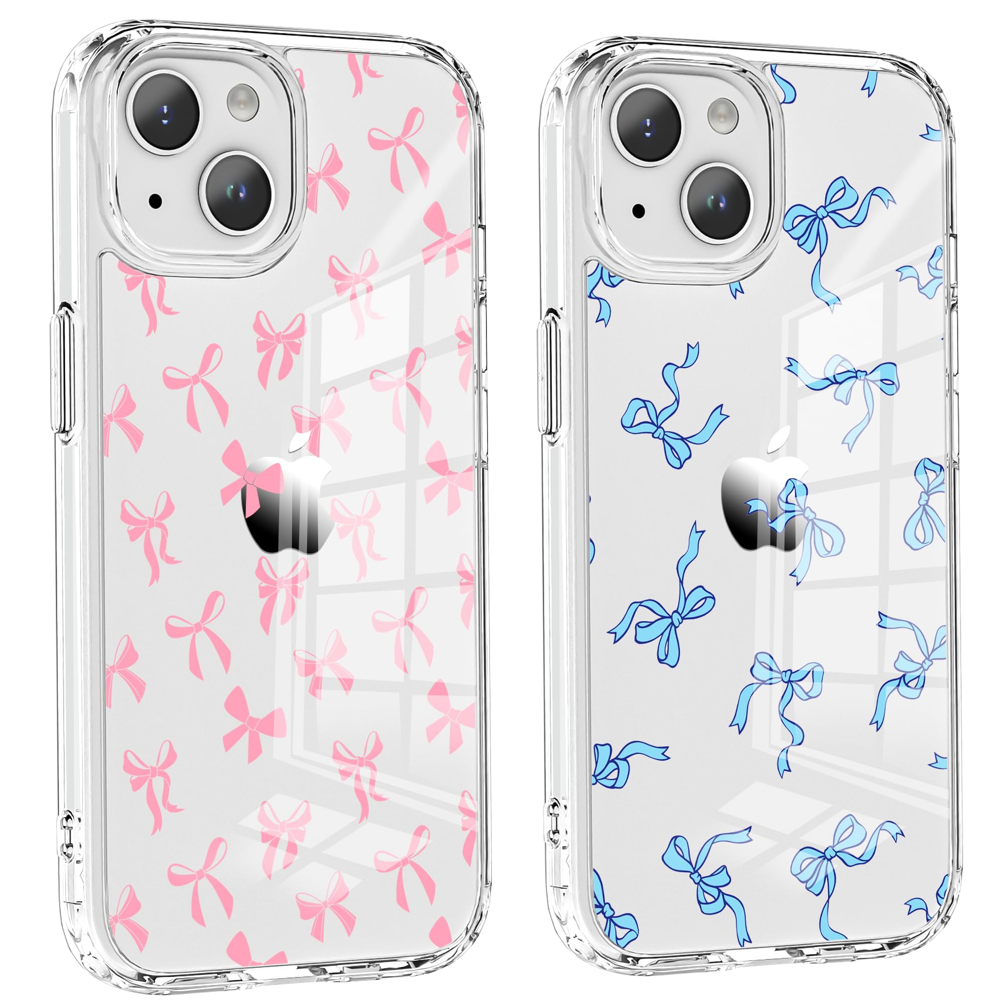 Idocolors 2 Pack Bow Phone Cases for iPhone 15 Case, Cute Pink Bows Phone Cases for Women Girls, Clear Crystal Not Yellowing Transparent Slim Shockproof Protection Soft TPU Phone Cover