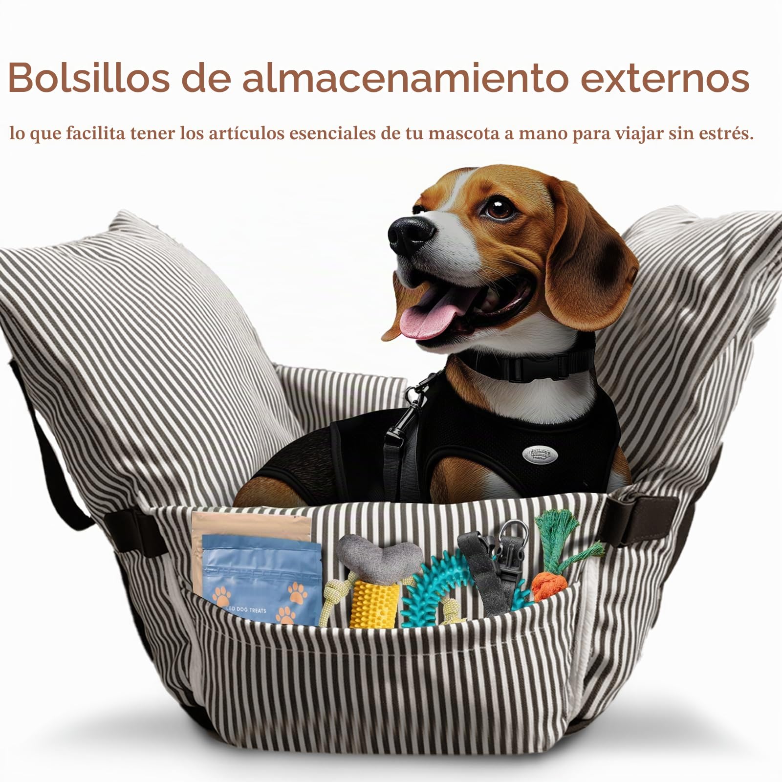 Asiento elevador de coche para perros pequeños y medianos, cinturón de seguridad, base antideslizante y bolsillos de almacenamiento