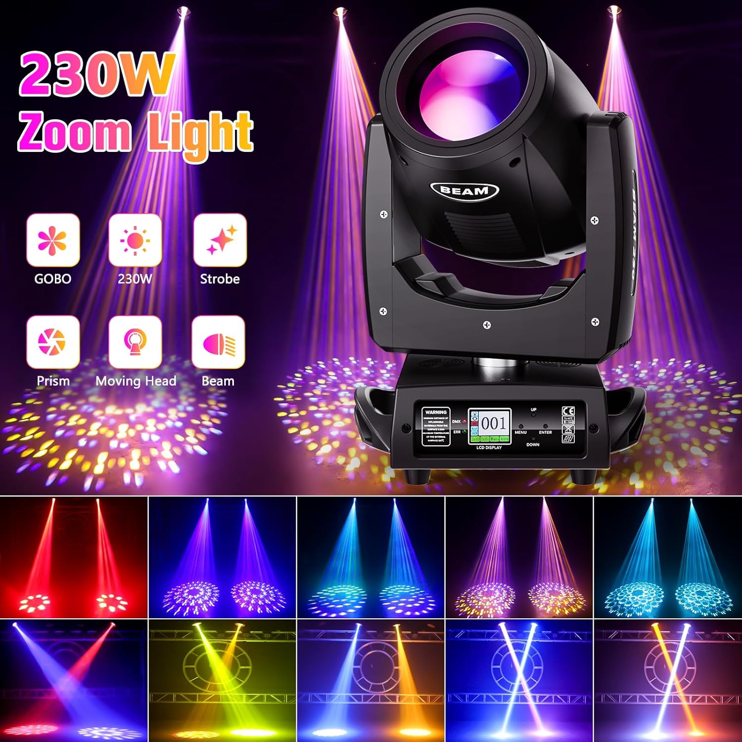 Diagram showing features of the 230W Zoom Light including GOBO, 230W, Strobe, Prism, Moving Head, and Beam