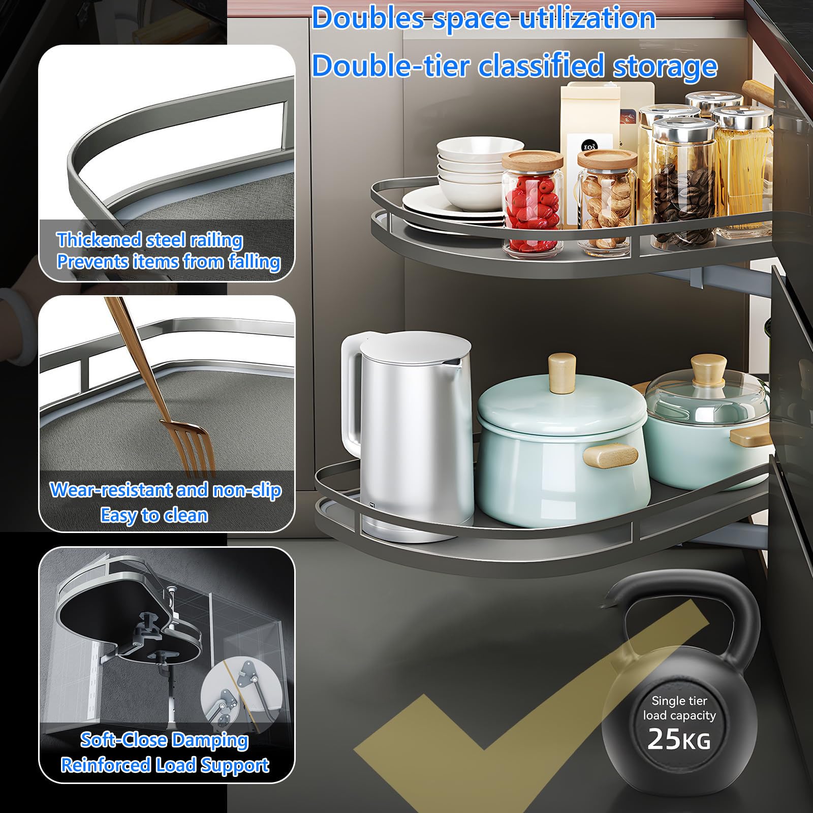 Rangement Pivotant Meuble Angle Cuisine Carrousel d'angle de Organisateur Coulissant d'angle Aveugle Rangement Coulissant, Rangement Placard Cuisine Meuble Angle Tiroir(sans Bande LED)