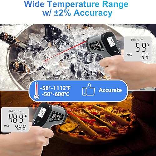 Miniatura 5 de hito Pistola de temperatura láser infrarroja de -58 F a 1112 F, pistola de temperatura para horno de pizza, cocina, refrigerador, piscina, reptiles,