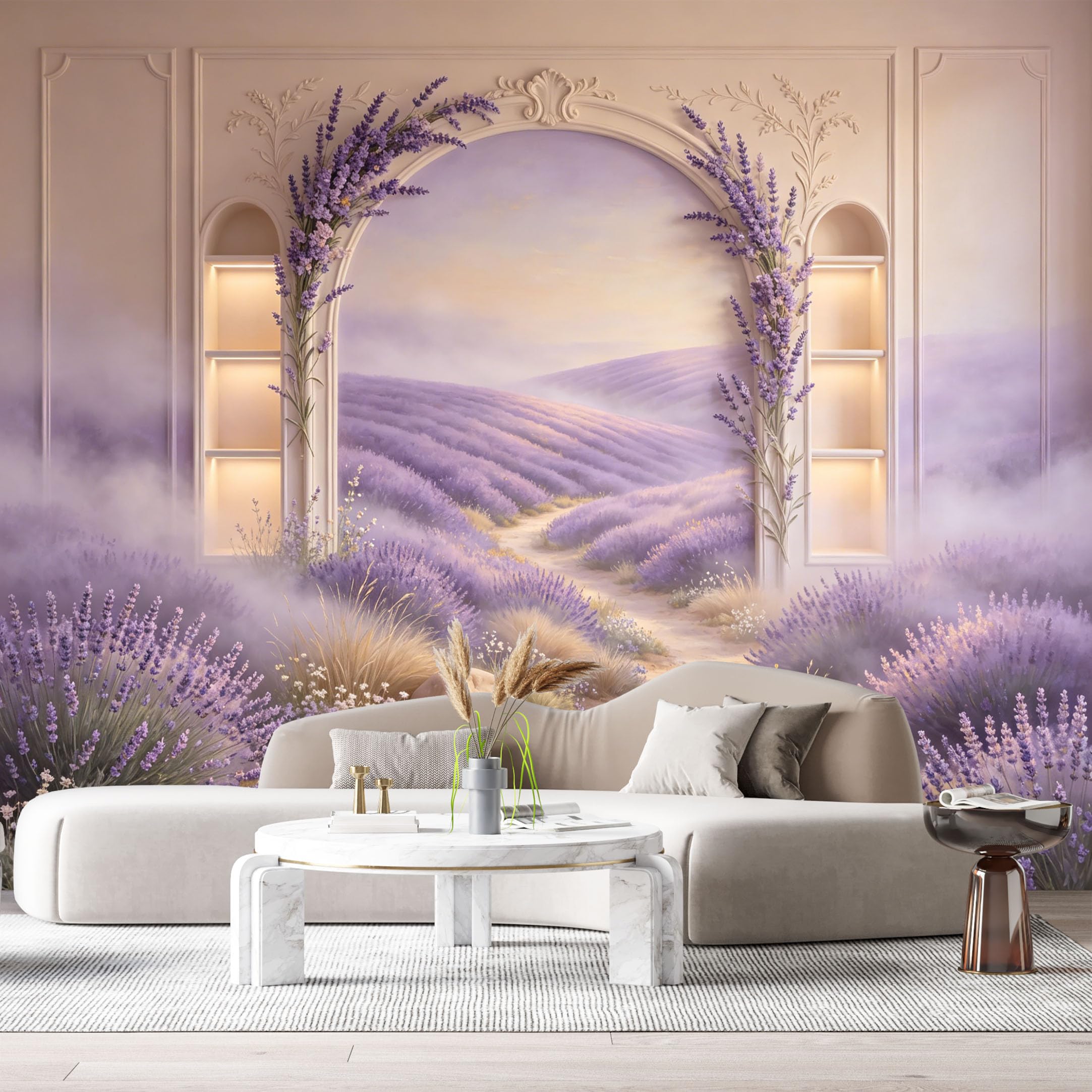 Custom Size Wall Murals Lavender Flower Field Archway Landscape 3D Trompe L'Oeil SelfAdhesiveWall Fabric Removable Wallpaper Wall Decor for Living Room Bedroom Bathroom