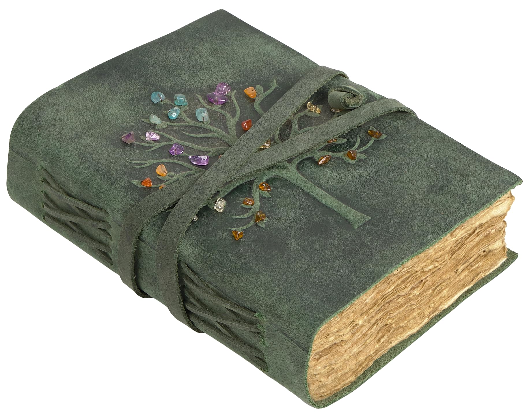Carnet de Voyage en Cuir Vert avec Arbre de Vie, Tannage Végétal, Papier Coton - Idéal comme Journal Intime, Carnet de Voyage ou Cahier Vintage - 18x13 cm
