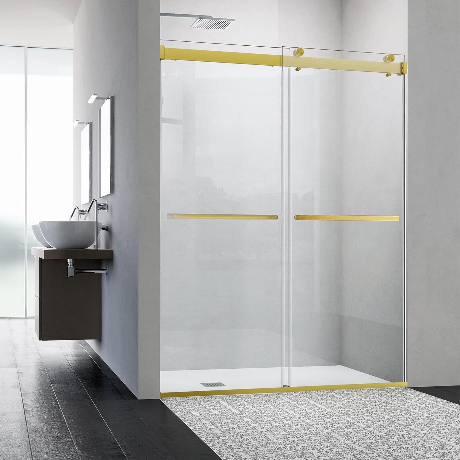 Frameless Sliding Shower Door, 60-64" W x 76" H Glass Shower Door with 5/16" (8mm) Clear Tempered Safety Glass, Stainless Steel Hardware, Double Sliding Shower Door, Brushed Gold