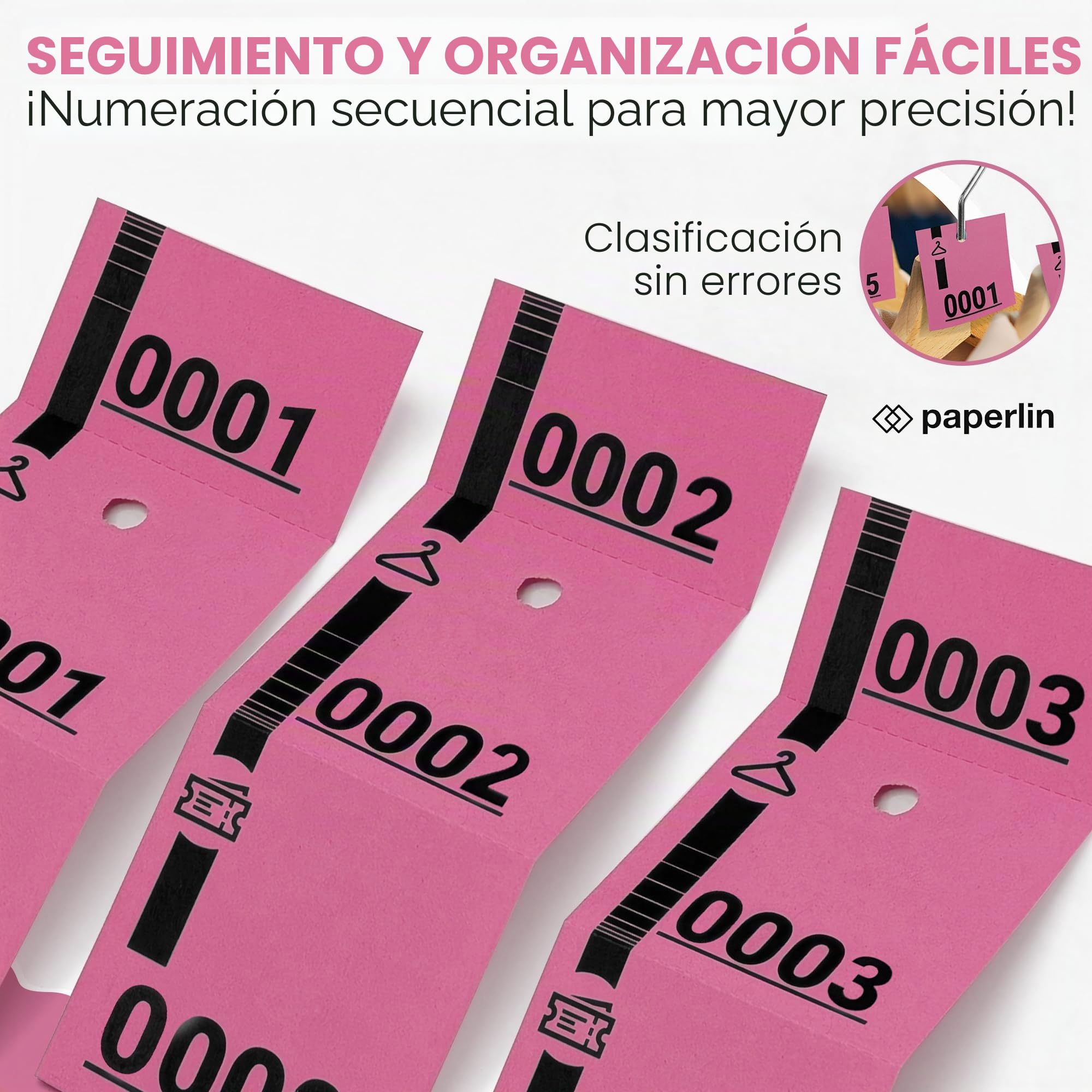 1000 fichas de guardarropa de cartón, numeradas y perforadas, ideales para gestión de guardarropa, eventos, rimbola y recepciones, 3 piezas precortadas, 5 x 14 cm, 20 juegos de 50 entradas (rosa)
