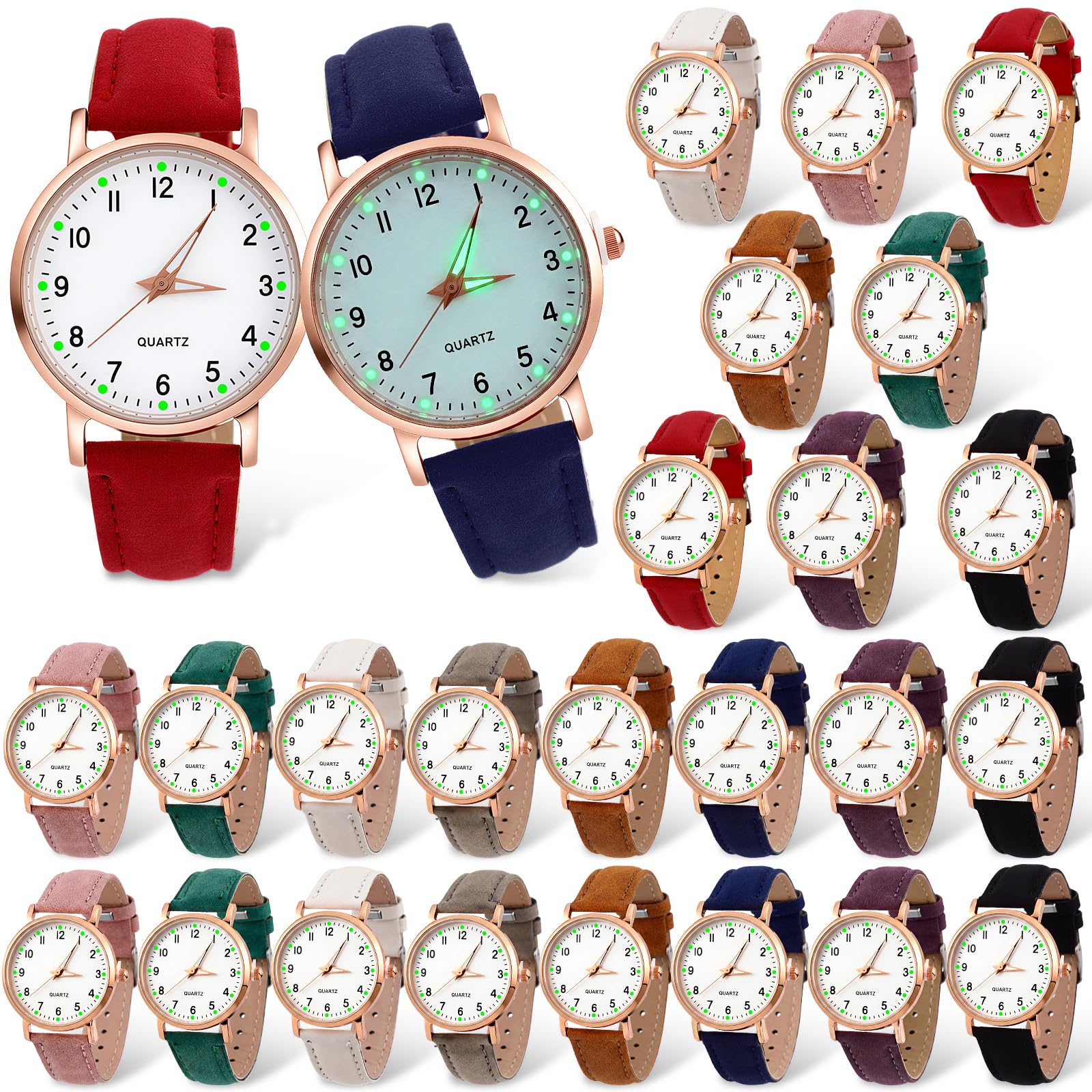Outus Paquete de 26 relojes de pulsera unisex de platino surtidos para mujeres, hombres y mujeres con cinturón de piel sintética