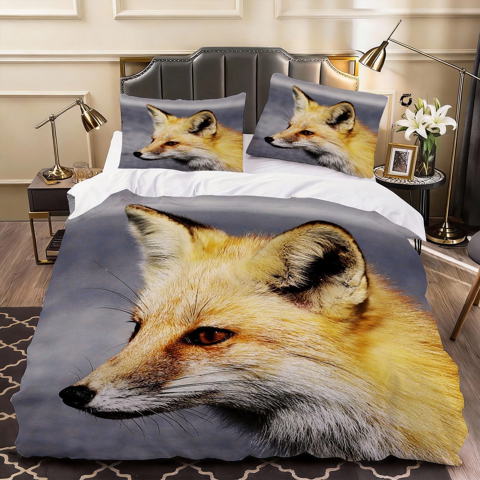 3D Fox Duvet Cover Childrens and Adults Bedding Double Bed Set, Soft Microfiber Comforter Cover Printed with Zipper Closure Quilt Coverr 200x200 cm and 2 Pillowcases