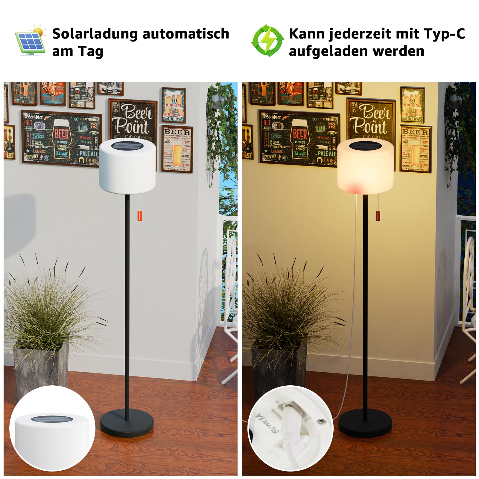 MALUX Lámpara de pie solar para exteriores con sensor de luz, regulable, blanco cálido y batería RGB, lámpara de pie inalámbrica, recargable por USB, IP44, resistente al agua, para jardín, terraza