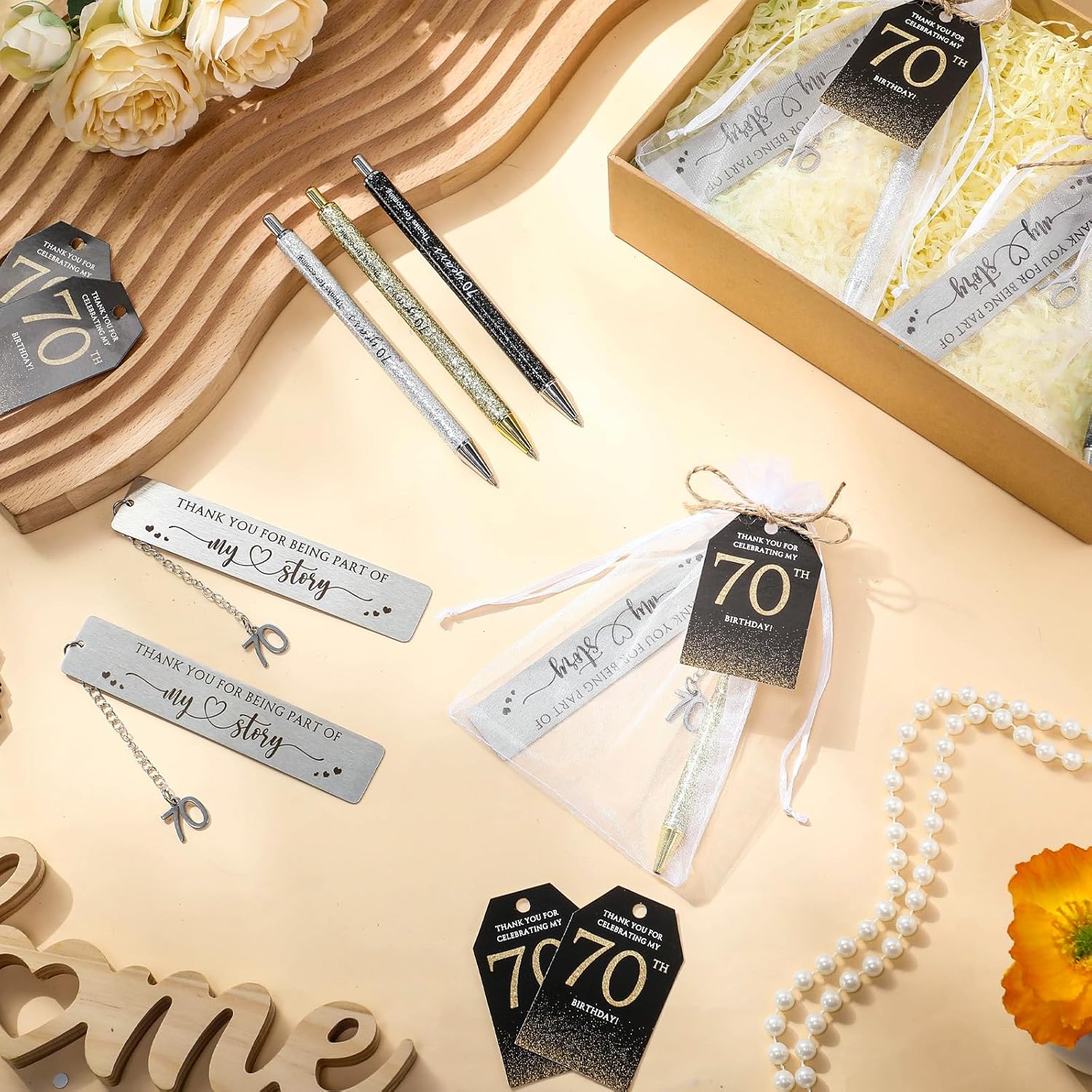 24 Sets 70th Birthday Favors for Guests Anniversary Party Favor Thanks for Coming Ballpoint Pens Bookmarks Thank You Card Organza Bag for Adult Appreciation Souvenirs Gift Party Supply (70th) - Image 4