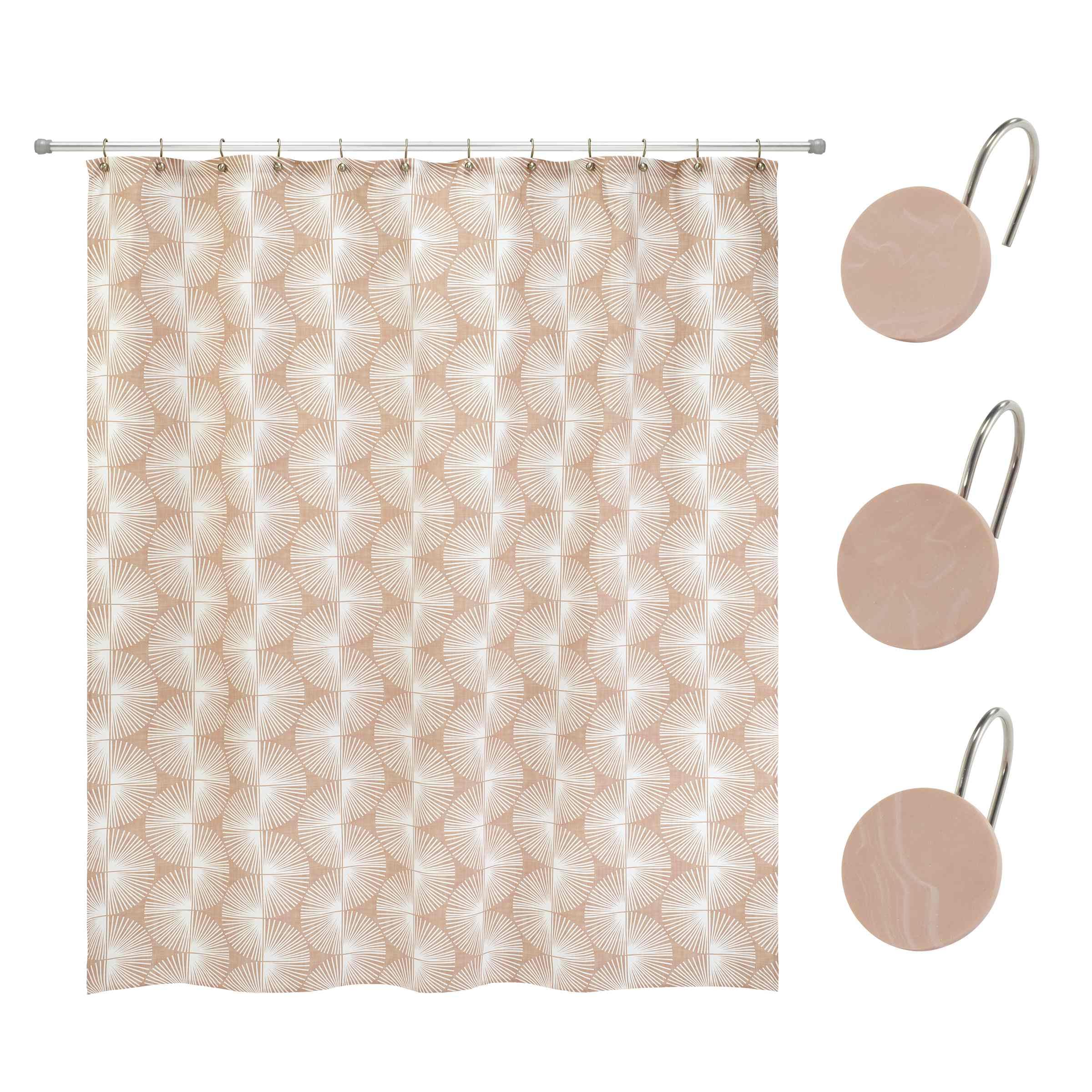 Nicole Miller - Shower Set, Fabric Shower Curtain & 12pc Shower Curtain Hooks (Kendall Collection, Clay)