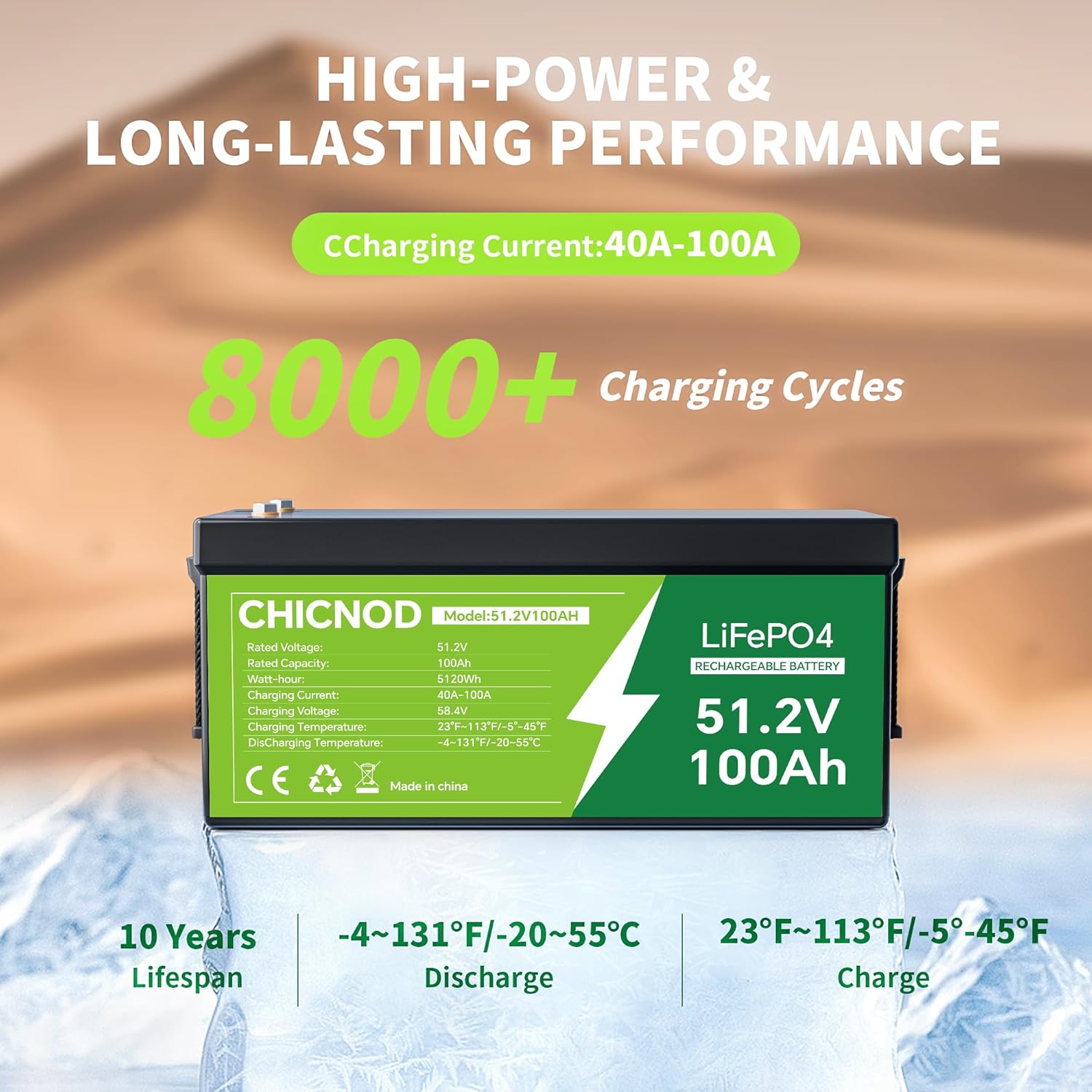 LiFePO4 battery showing 8000+ charging cycles and temperature ranges for discharge and charge