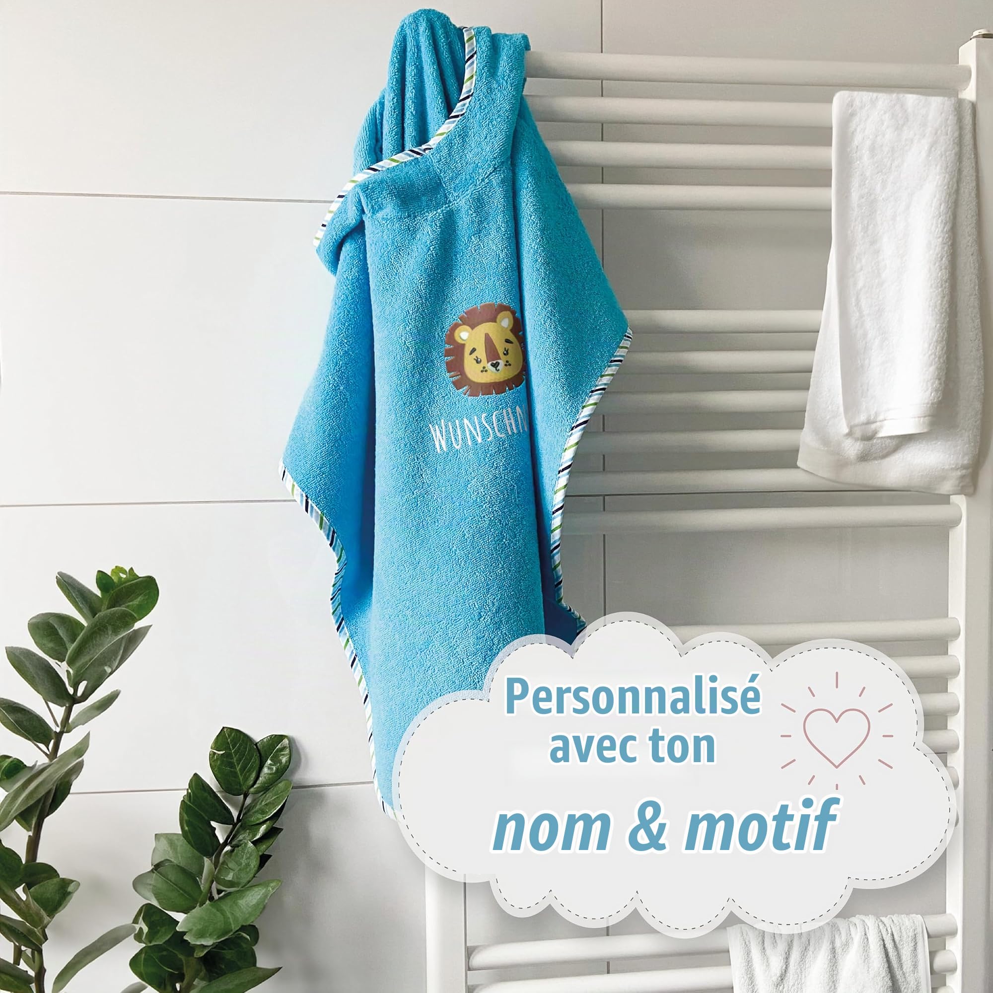 Poncho de bain pour enfant avec nom brodé, certifié Oeko-TEX® Standard 100, serviette à capuche personnalisée en pur coton avec nom et motif brodés (pétrole)