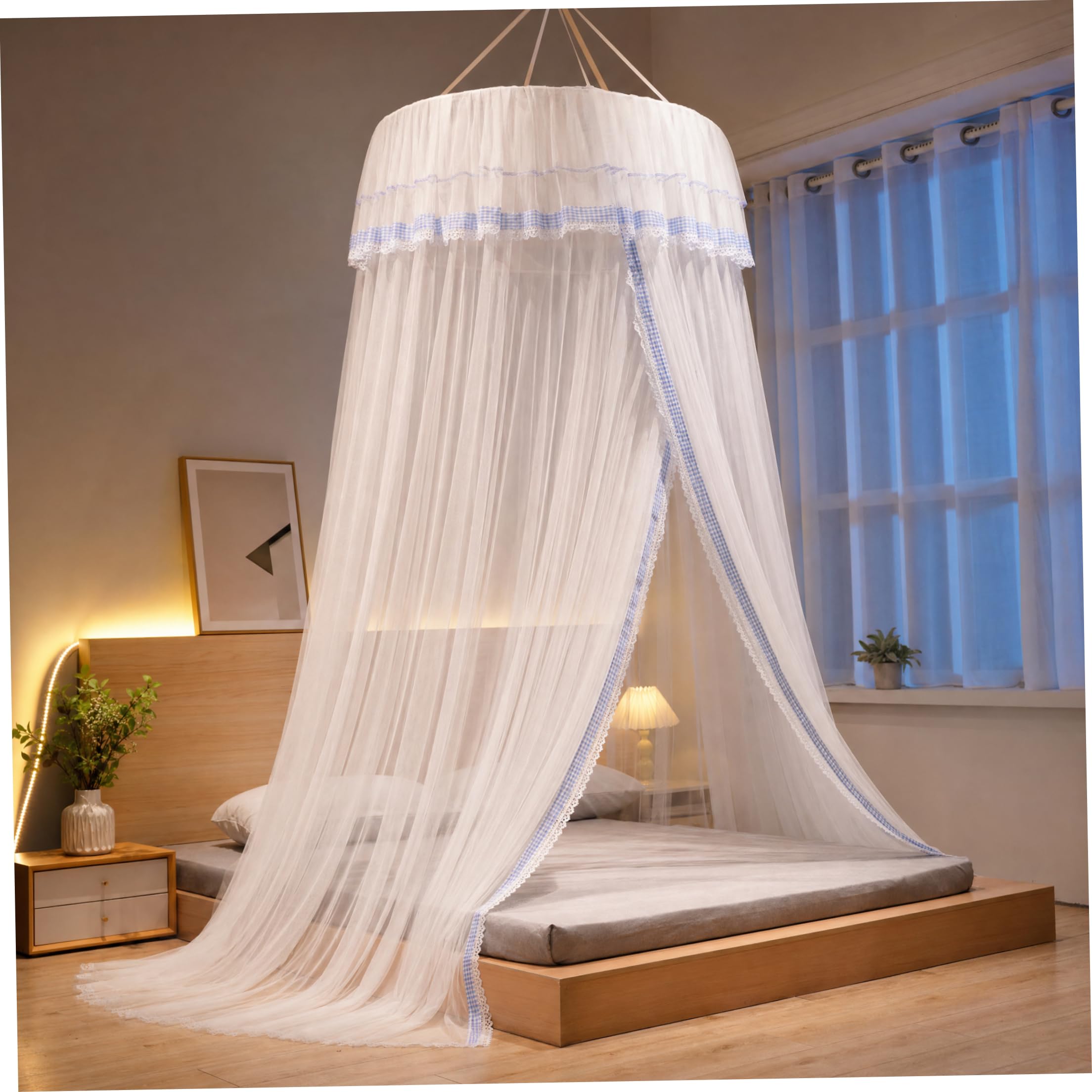 StaZamor No-Drill Lace Princess Bed Canopy for Girls, Mesh Protection Curtains Fits 1.2m Beds, Kids Room Decor, Breathable Netting, Blue