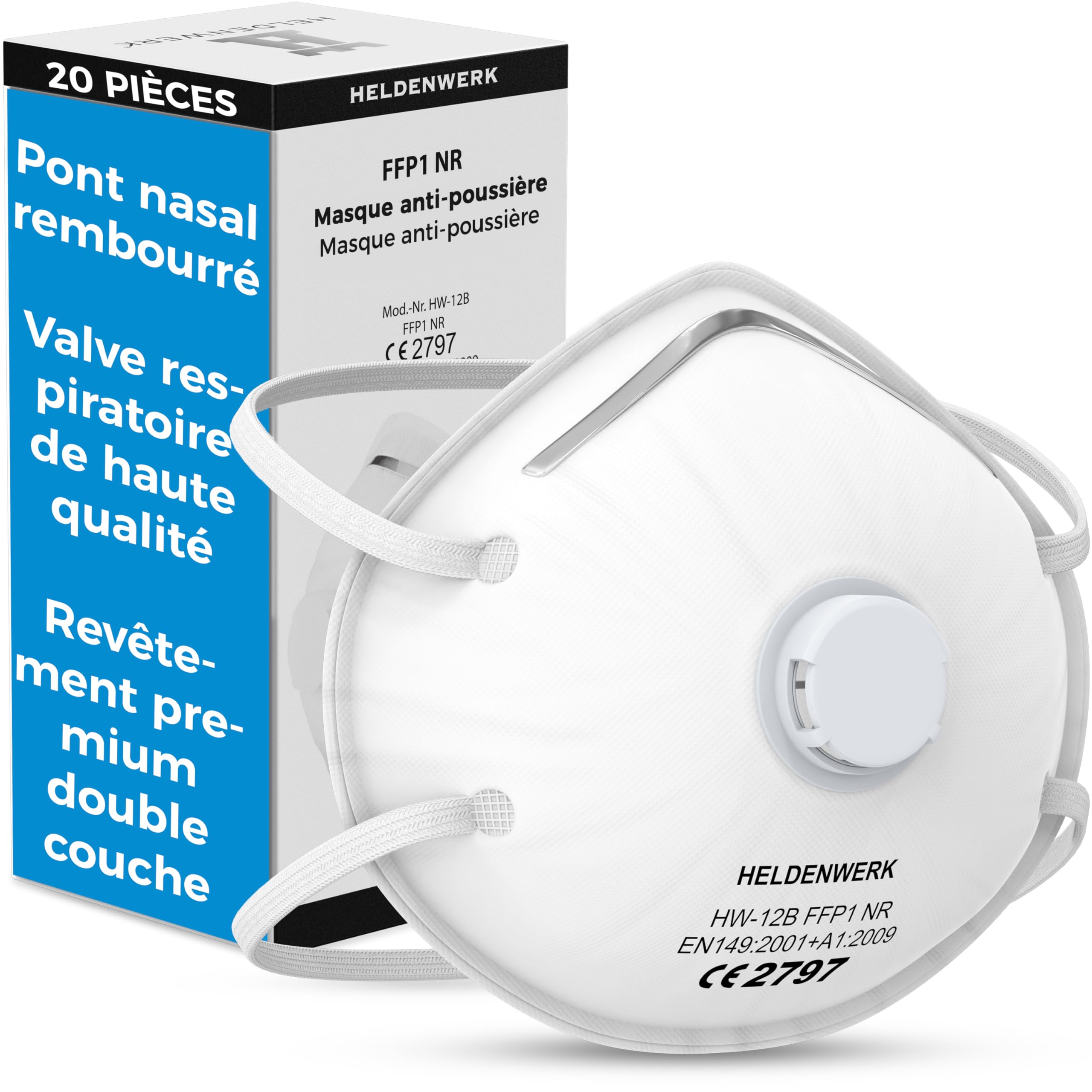 HELDENWERK Atemschutzmaske im 5er, 10er oder 20er Set - Atemmaske - Perfekt anpassbare FFP1 Mundschutz Maske - Feinstaubmaske, Staubschutzmaske für Schleifen etc