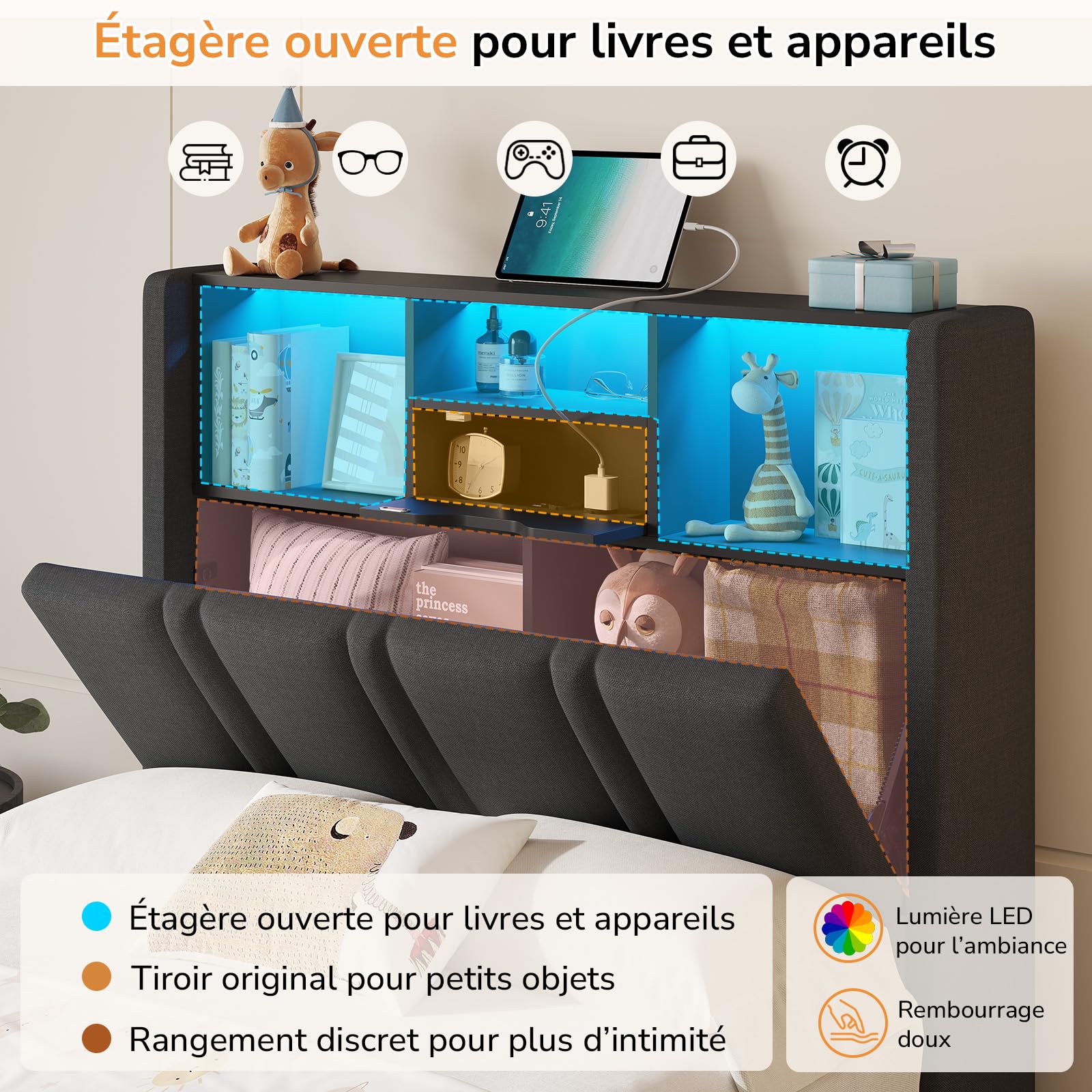 DICTAC Lit Coffre 90x200 Entièrement Rembourré 90x200 Gris avec Rangement – Sommier Relevable à Vérin, Tête de lit LED & Prises USB/Type-C – pour Enfant, Ado, Adulte