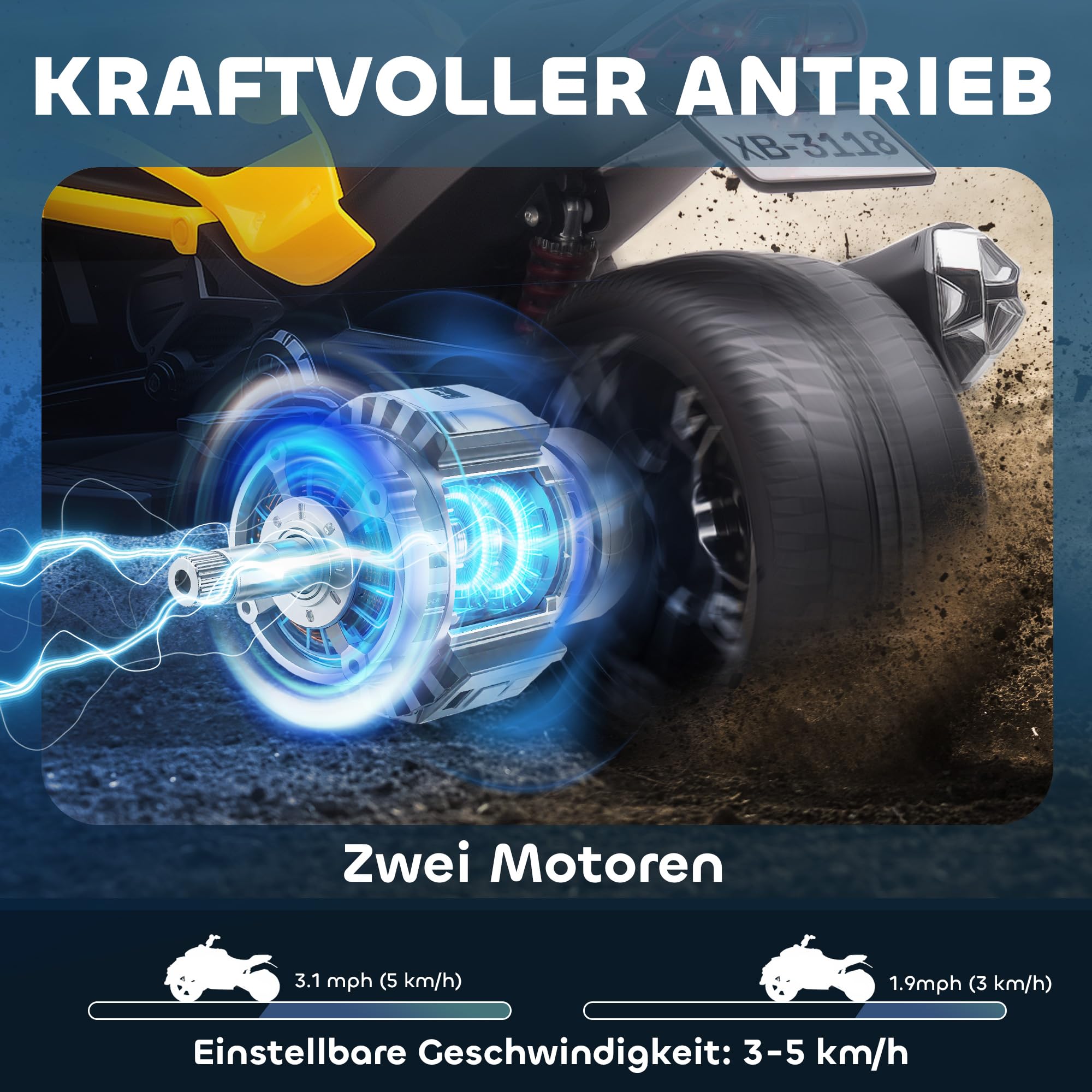 AIYAPLAY Elektro Quad für Kinder 12V Kinderquad 3 Räder 3-8 Jahre Gelb | Vorwärts-, Rückwärtsfunktion, MP3-Player, Hupe, 2 Geschwindigkeiten, LED-Leuchten, Kinderfahrzeug 3-5 km/h