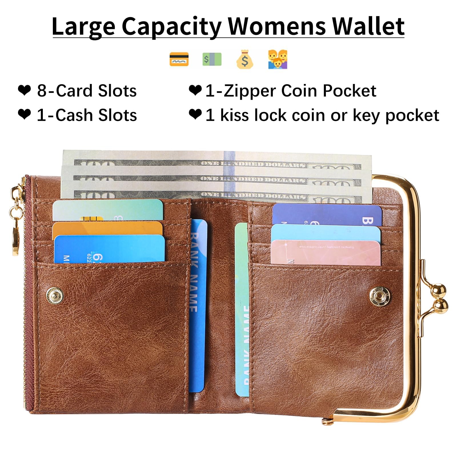 FALAN MULE Kleine kompakte Geldbörse für Damen, RFID Blockierung von Bifold Leder Geldbörsen ，mit Reißverschluss und Kussschloss
