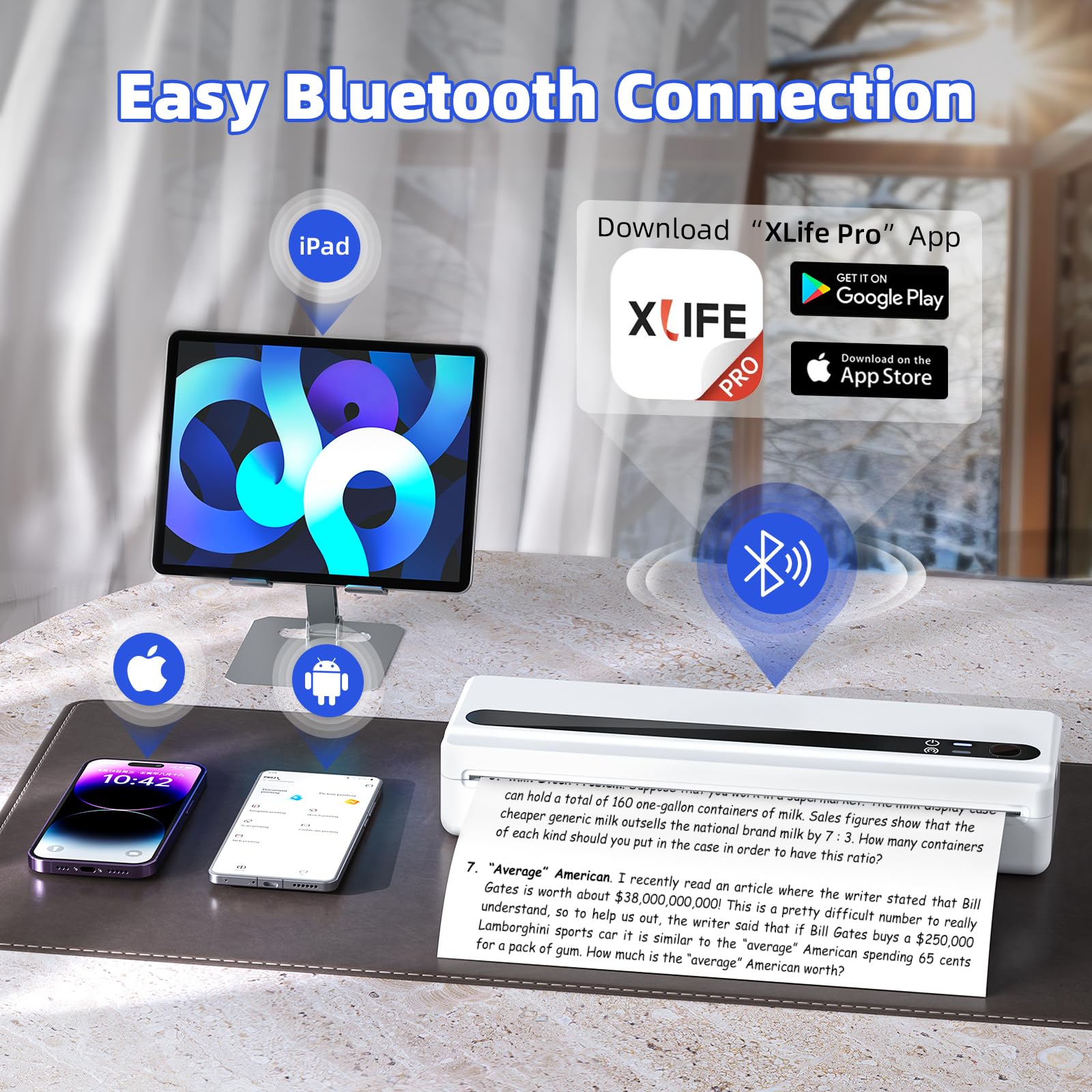 PB821 Impresora Térmica Portátil A4 con Bluetooth, Impresora sin Tinta, Impresora termica a4 para Android e iOS, Impresora portatil para Viajes, Trabajo, Escuela, Blanca