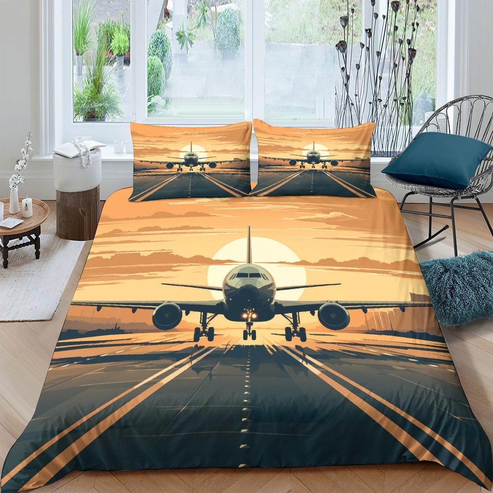 TUFRTGYHN 3D Printed Sunset Runway Plane Duvet Cover Microfiber Soft Breathable Airplane Bedding Set with 2 Pillowcases for Bedroom Decor Single（135x200cm）