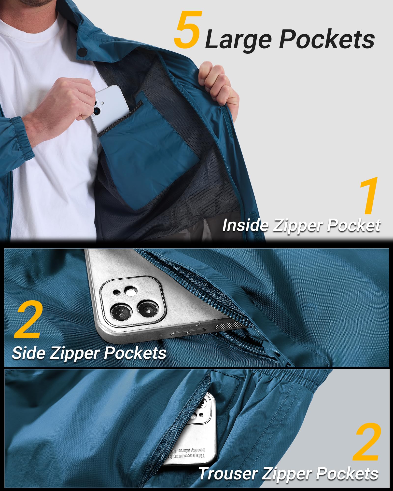 Outdoor Ventures Herren Regenanzug Wasserdichte Packbare Regenset | Reflektierender, Hideway Kapuze, 5 Taschen, Winddichte Regenkombi, Atmungsaktiv, Fischen, Wandern, Radfahren
