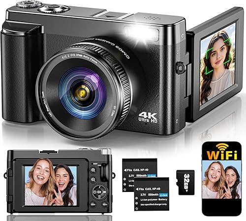 Cámara digital 4K para enfoque automático de fotografía, cámara de vlogging WiFi mejorada de 64 MP para YouTube con pantalla abatible de 180° de 3