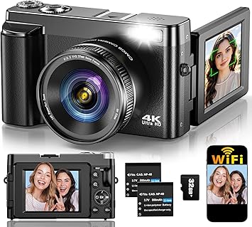 4K Digital Camera for Photography Autofocus, Upgraded 64MP WiFi Vlogging Camera for YouTube with 3" 180° Flip Screen, 16X Zoom, Compact Travel Cameras for Beginners with 32GB Card, 2 Batteries, Black