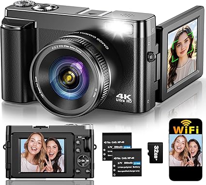 4K Digital Camera for Photography Autofocus, Upgraded 64MP WiFi Vlogging Camera for YouTube with 3" 180° Flip Screen, 16X Zoom, Compact Travel Cameras for Beginners with 32GB Card, 2 Batteries, Black