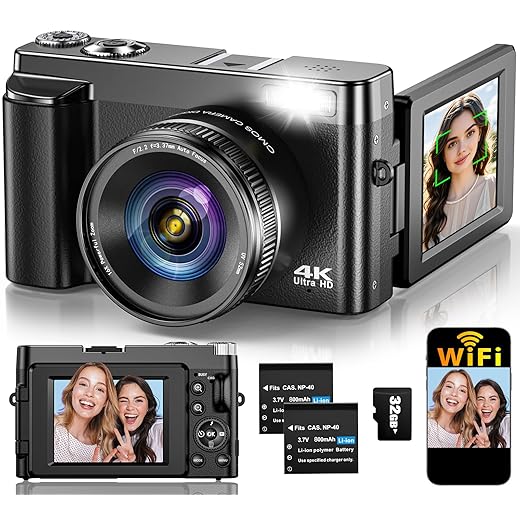 4K Digital Camera for Photography Autofocus, Upgraded 64MP WiFi Vlogging Camera for YouTube with 3" 180° Flip Screen, 16X Zoom, Compact Travel Cameras for Beginners with 32GB Card, 2 Batteries, Black