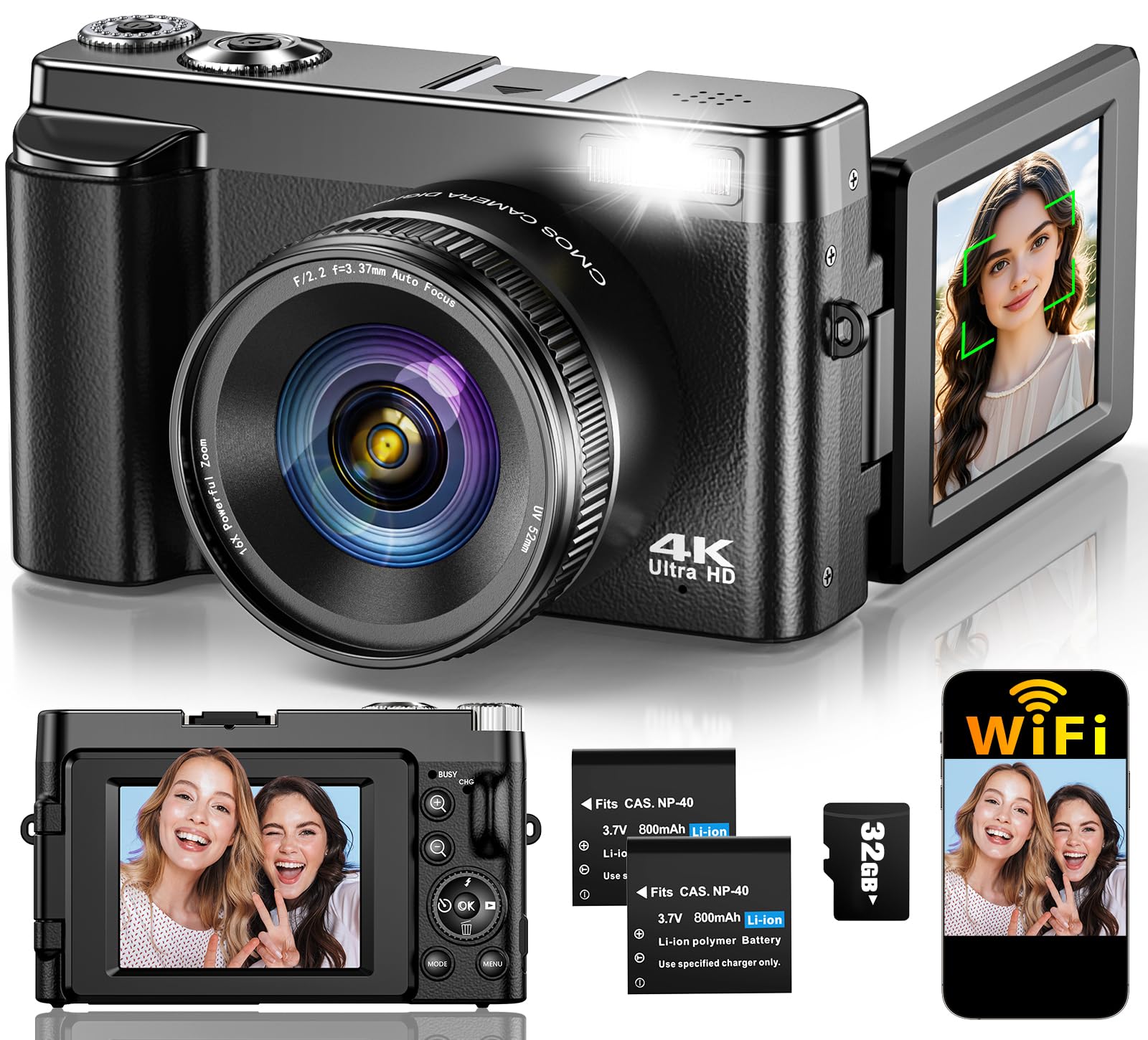 4K Digital Camera for Photography Autofocus, Upgraded 64MP WiFi Vlogging Camera for YouTube with 3" 180° Flip Screen, 16X Zoom, Compact Travel Cameras for Beginners with 32GB Card, 2 Batteries, Black