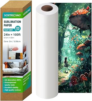 Sublimation Paper 24in x 100ft Dye Sublimation Paper Roll 2" Core Fast Dry Heat Transfer Paper 95gsm for E*pson F570 for T-Shirts Tumblers Textiles