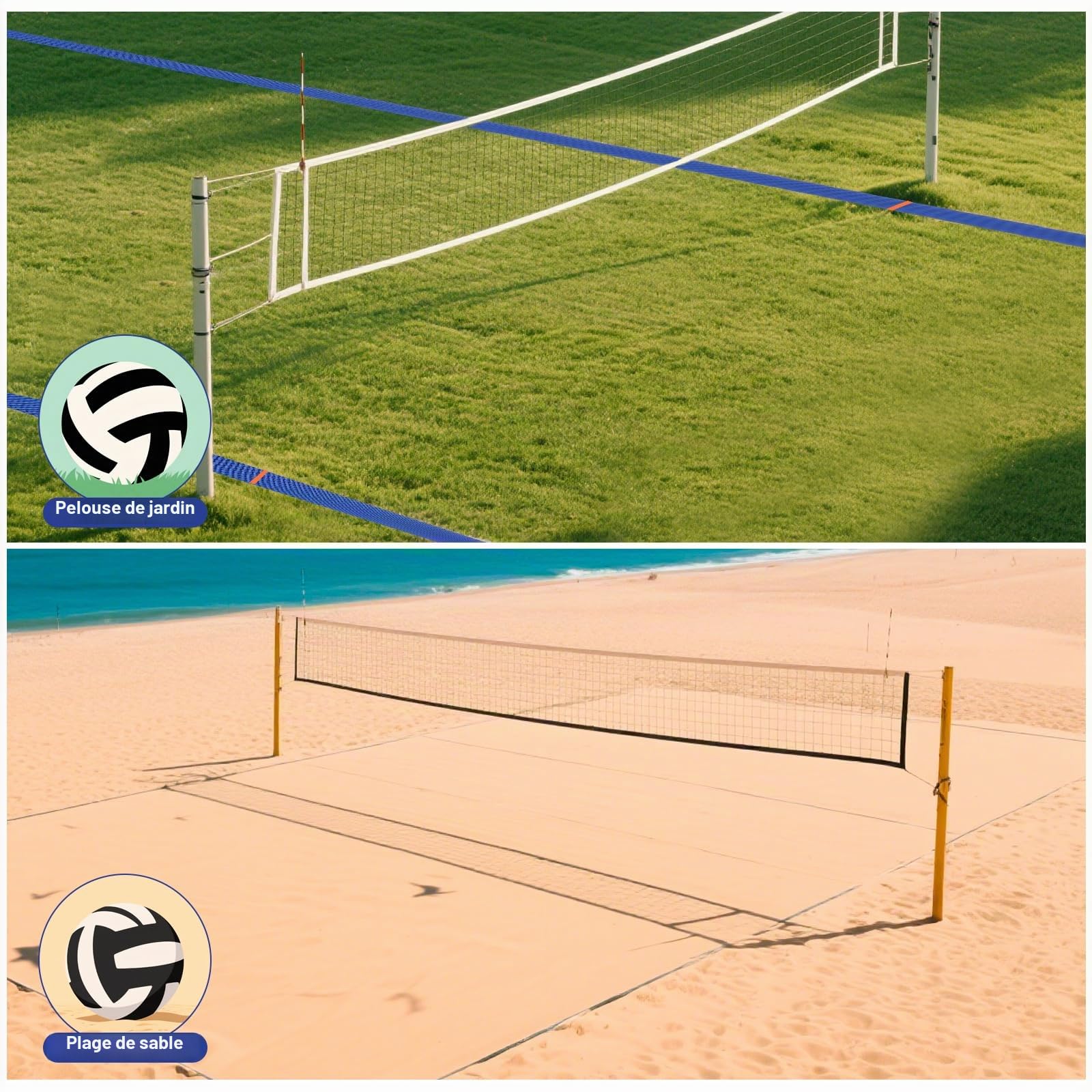 Ligne de terrain de volleyball de plage, de volley-ball, de ligne de côté et d'extrémité 16 m x 8 m