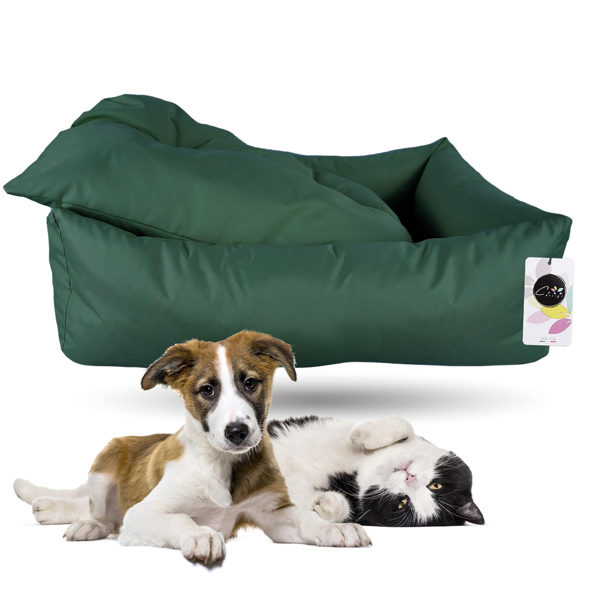 Crea Bed - Cuccia lettino per cani idrorepellente resistente ai graffi, realizzata a mano in Italia. Cuscino per Cane tessuto robusto per l'uso interno ed esterno. XS/S | 50 x 60 cm, VERDE BOSCO