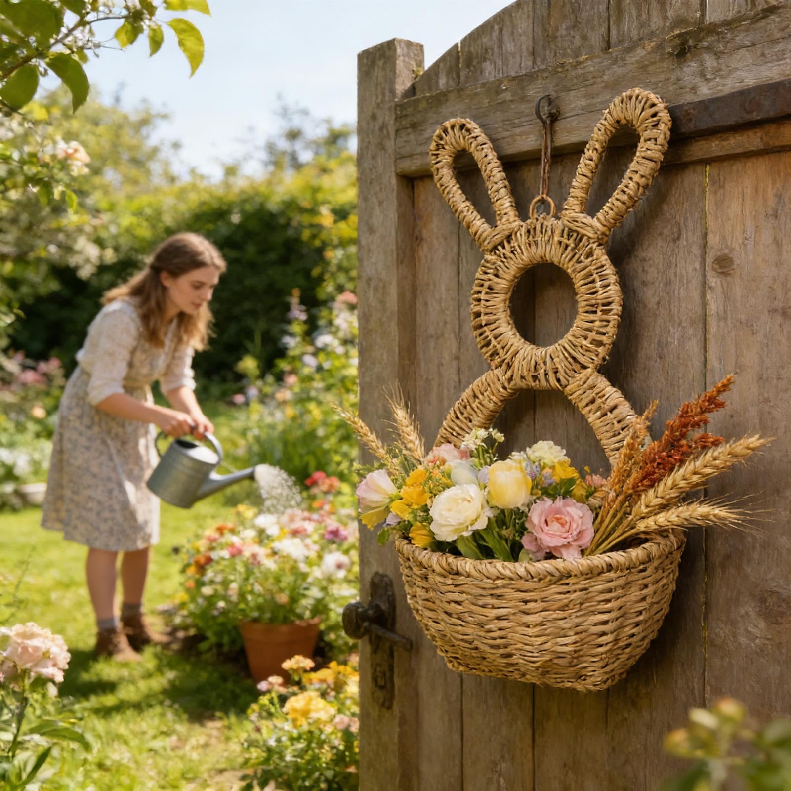 Osterhasen-Wandkorb – Rattan-gewebte Osterhasen-Dekor-Wandtasche, natürliche Weiden-Hängetasche, handgefertigter Leporid-Pflanzgefäß, Landdekoration für Zuhause, Bauernhaus, Outdoor und Zaun