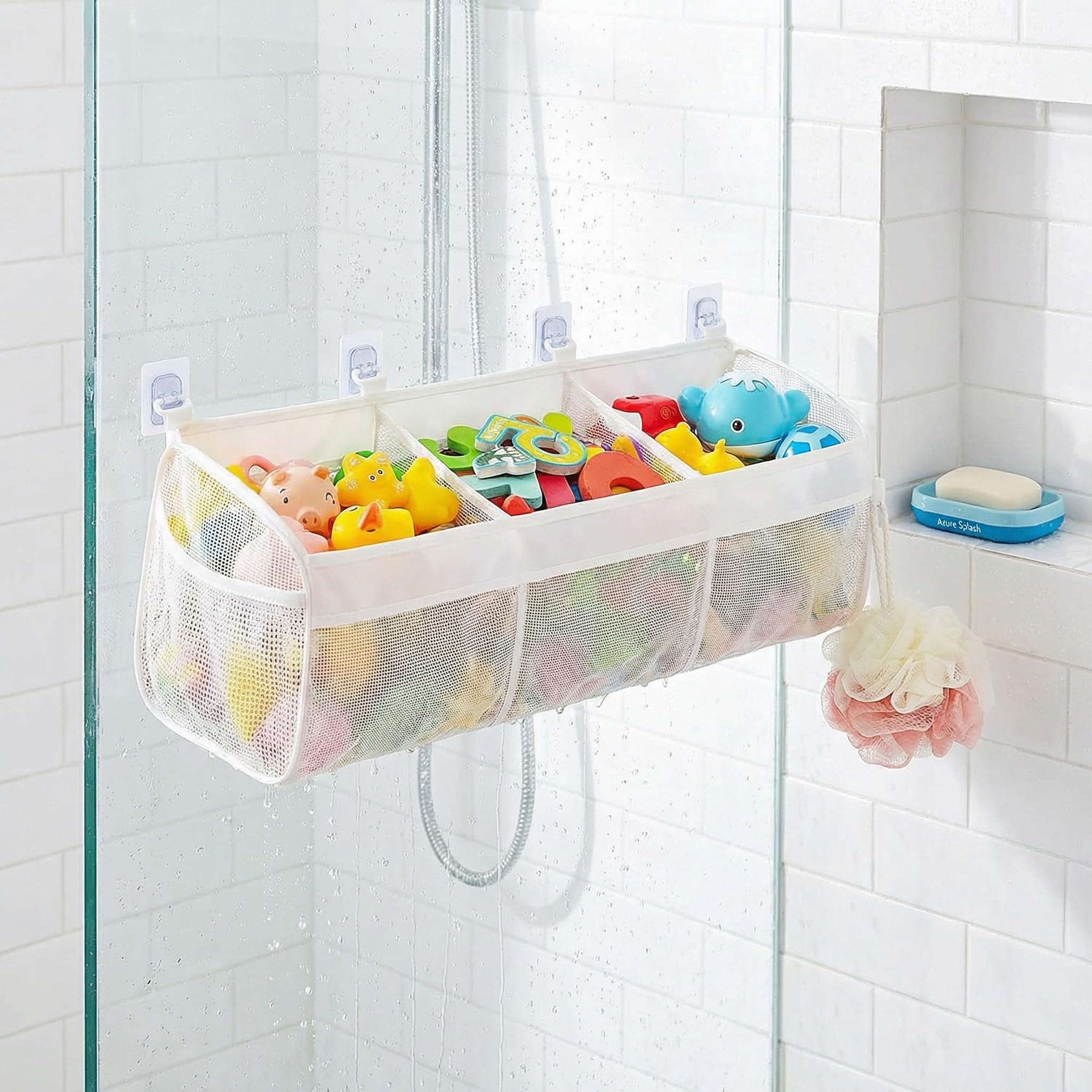 Bath Toy Storage Net 3 Compartments, Large Capacity Bathroom Toy Organiser Bag with 2 Side Pockets, Breathable Mesh Shower Caddy for Kids Baby Toys, Strong Adhesive Hooks Included, White