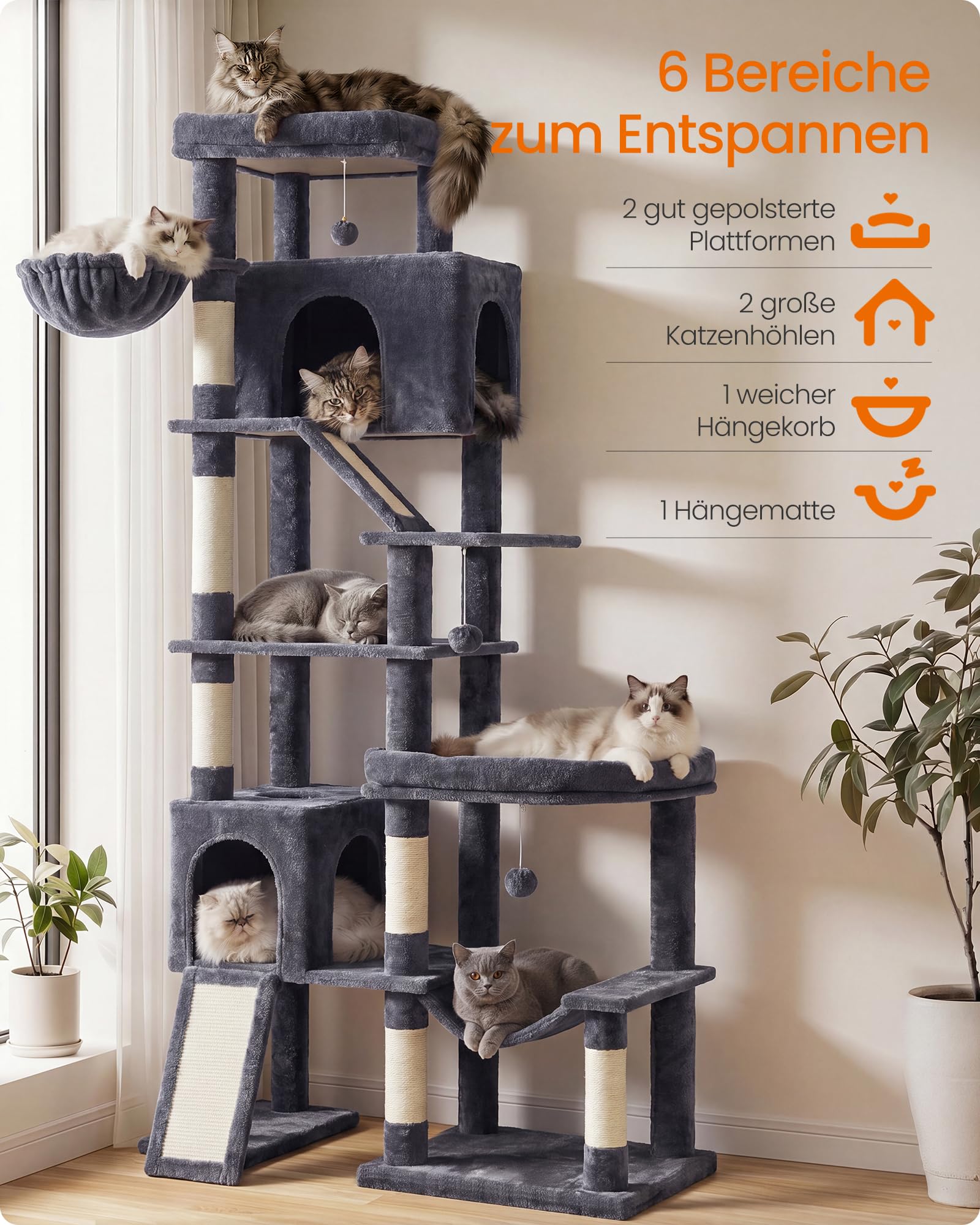 Feandrea Kratzbaum groß, Katzenbaum XXL, 6 Sisalstämme und Plüsch, 2 Kratzbretter, 6 Ruhebereiche, 105 x 45 x 202 cm, Dunkelgrau, für Große Katzen, Clawfy Kollektion PCT020G201