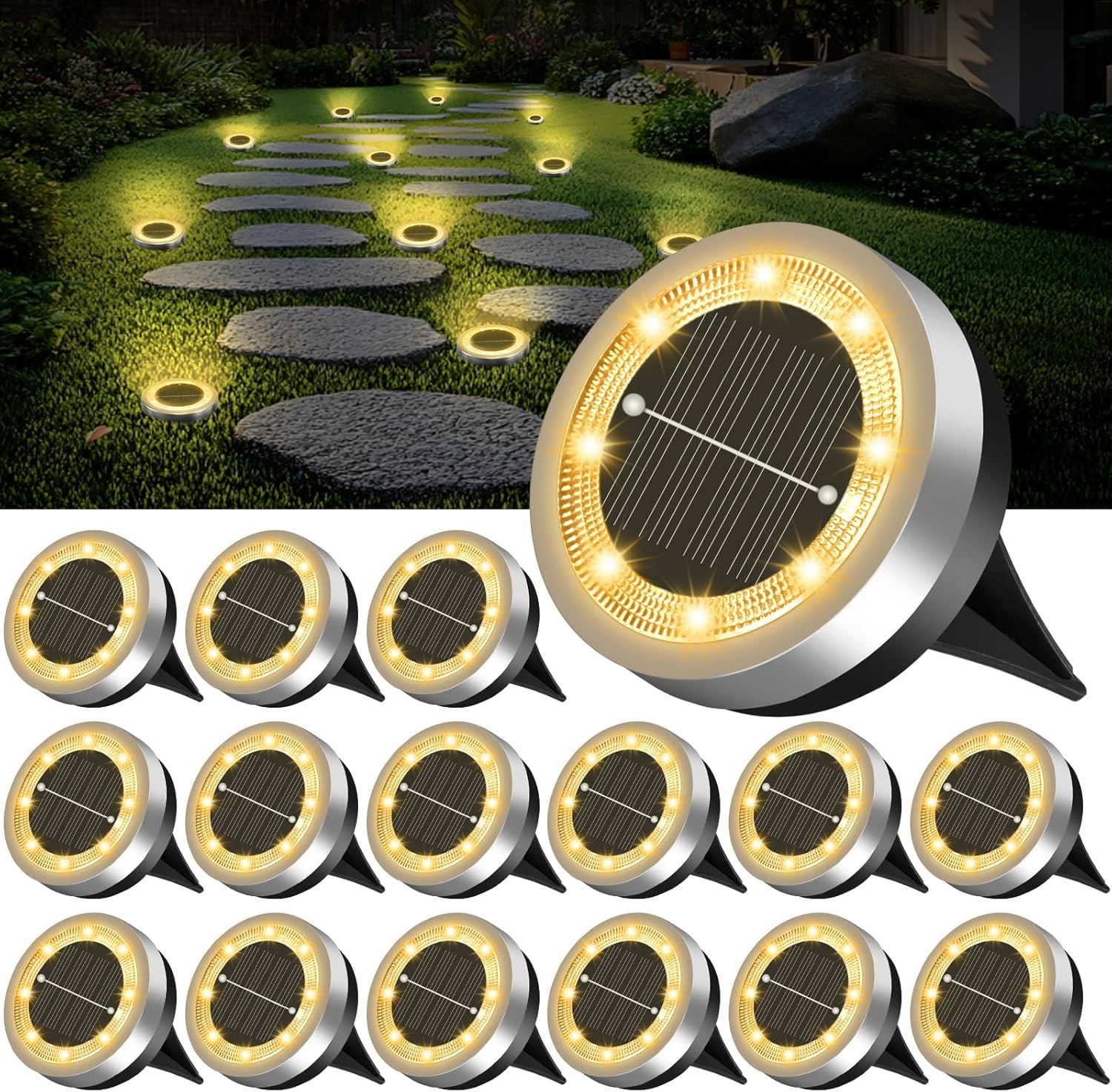 Mini Solar Ground Lights 16 Pack Outdoor IP65 Waterproof Solar Flat Garden Light Anti-Rust Solor Powered Disc Pathway Lights for Outside Walkway Yard Landscape Patio Lawn Driveway-Warm White